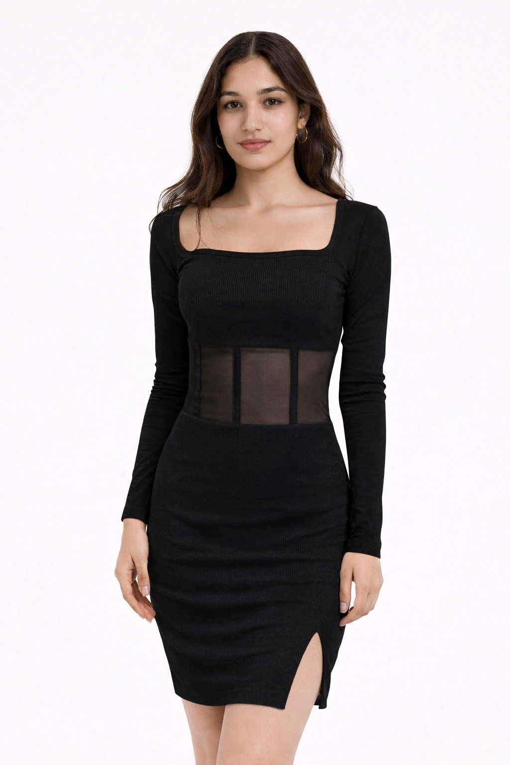 Black Mesh Panel Bodycon Dress