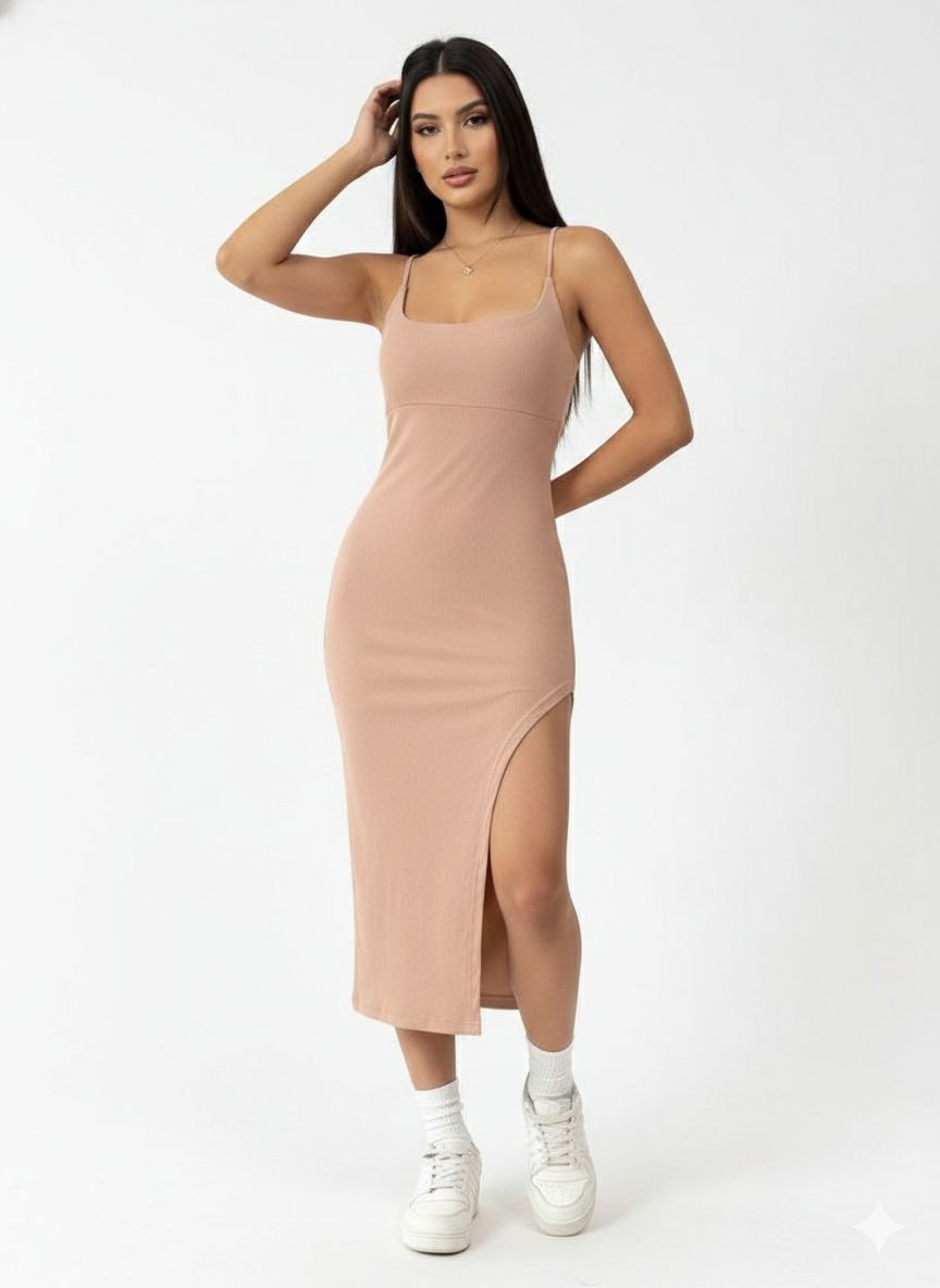 Beige Bodycon Midi Dress