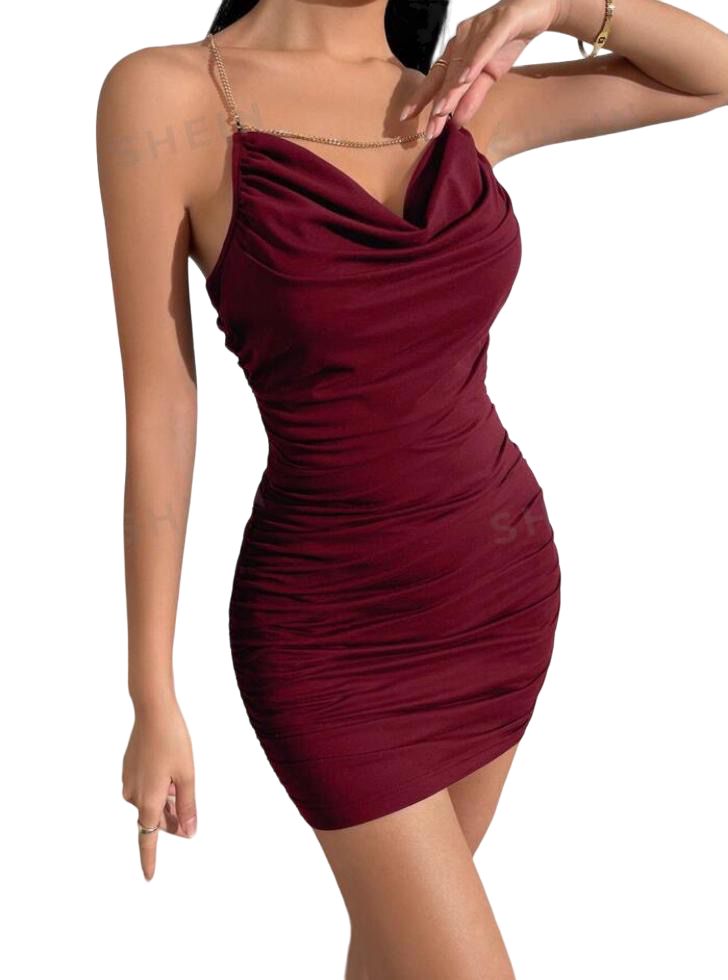 Burgundy Chain Strap Mini Dress