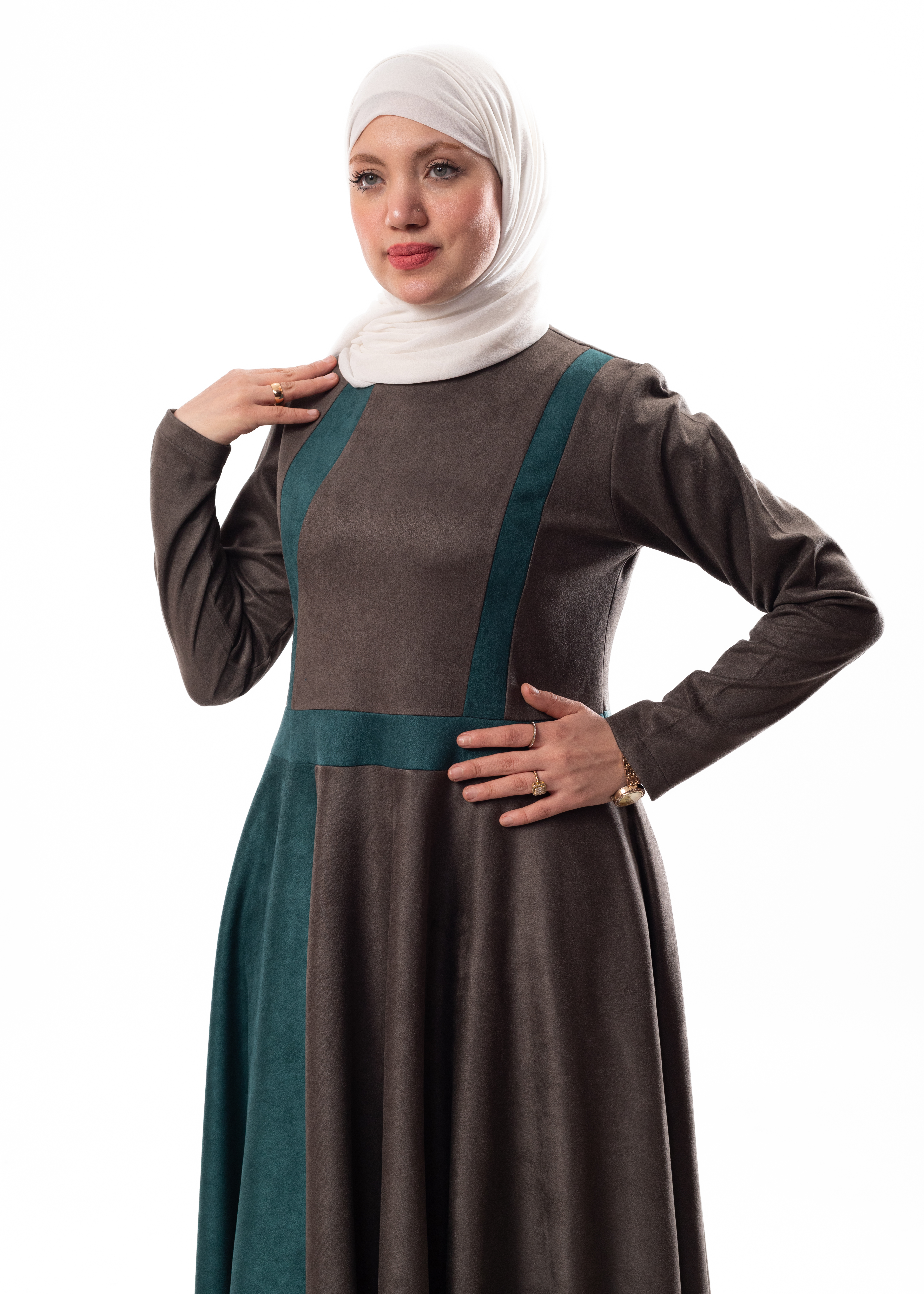 Elegant Winter Suede Dress – Double Flared Modest Fit