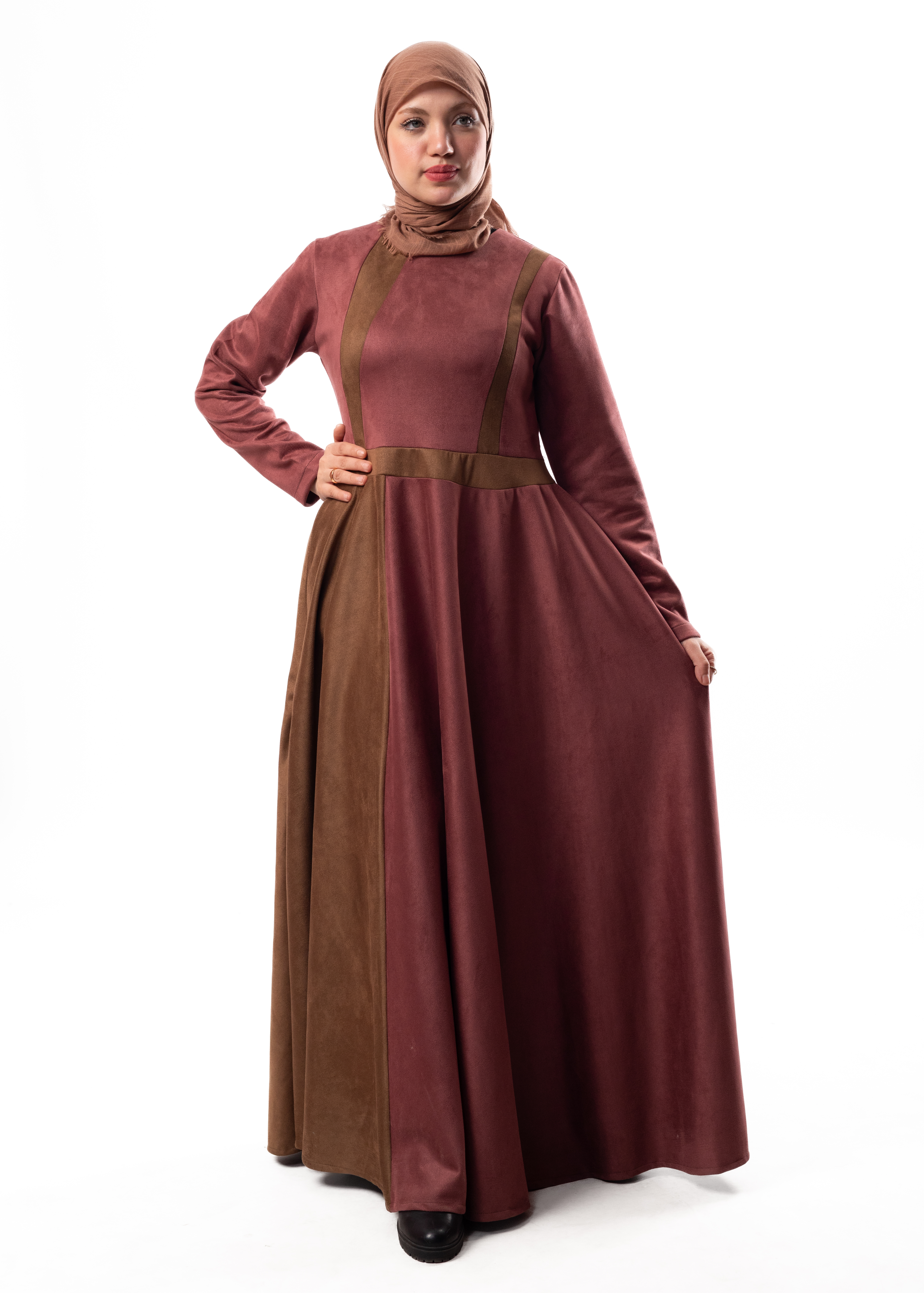 Elegant Winter Suede Dress – Double Flared Modest Fit
