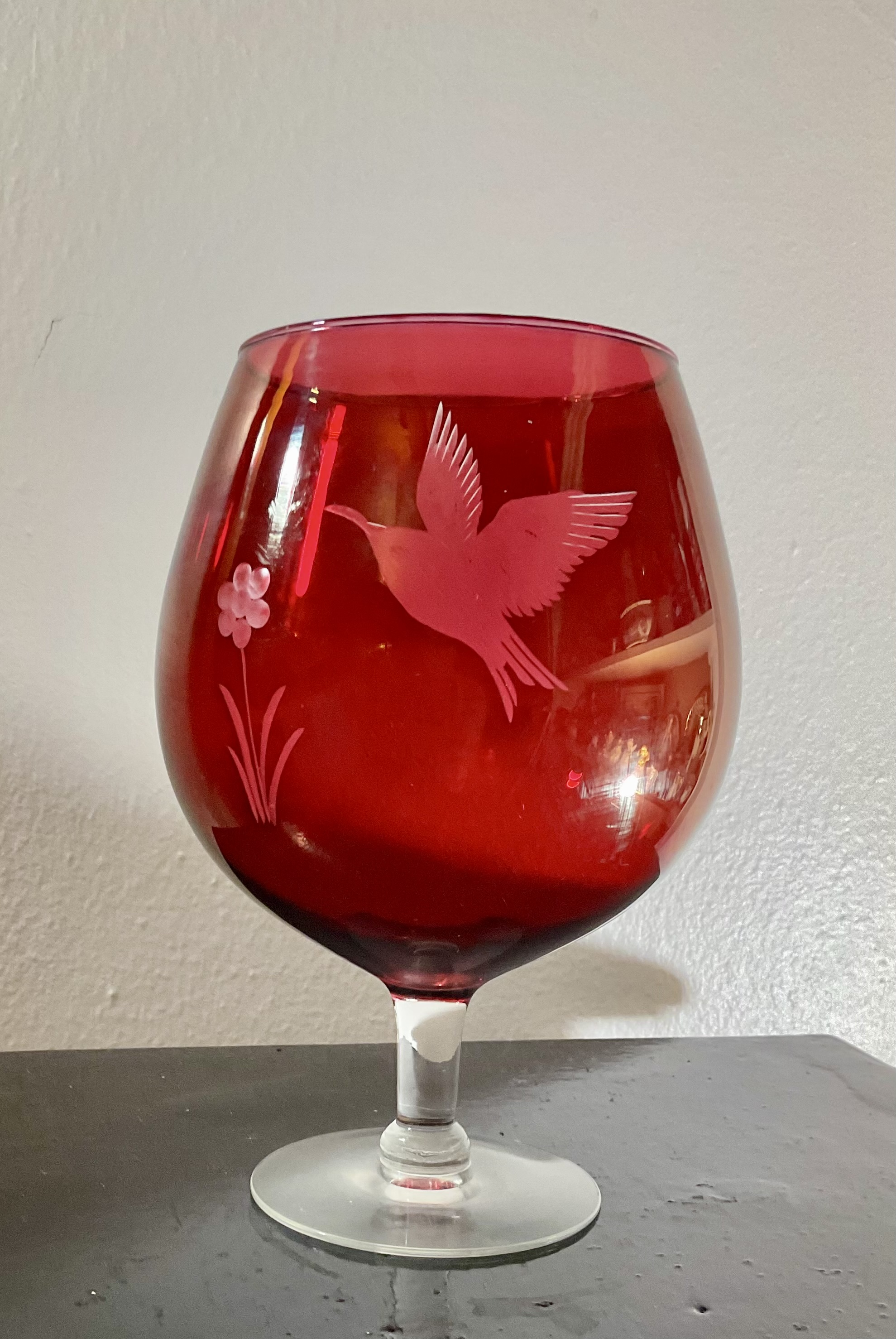 1950s Etched Cranberry Brandy Snifter