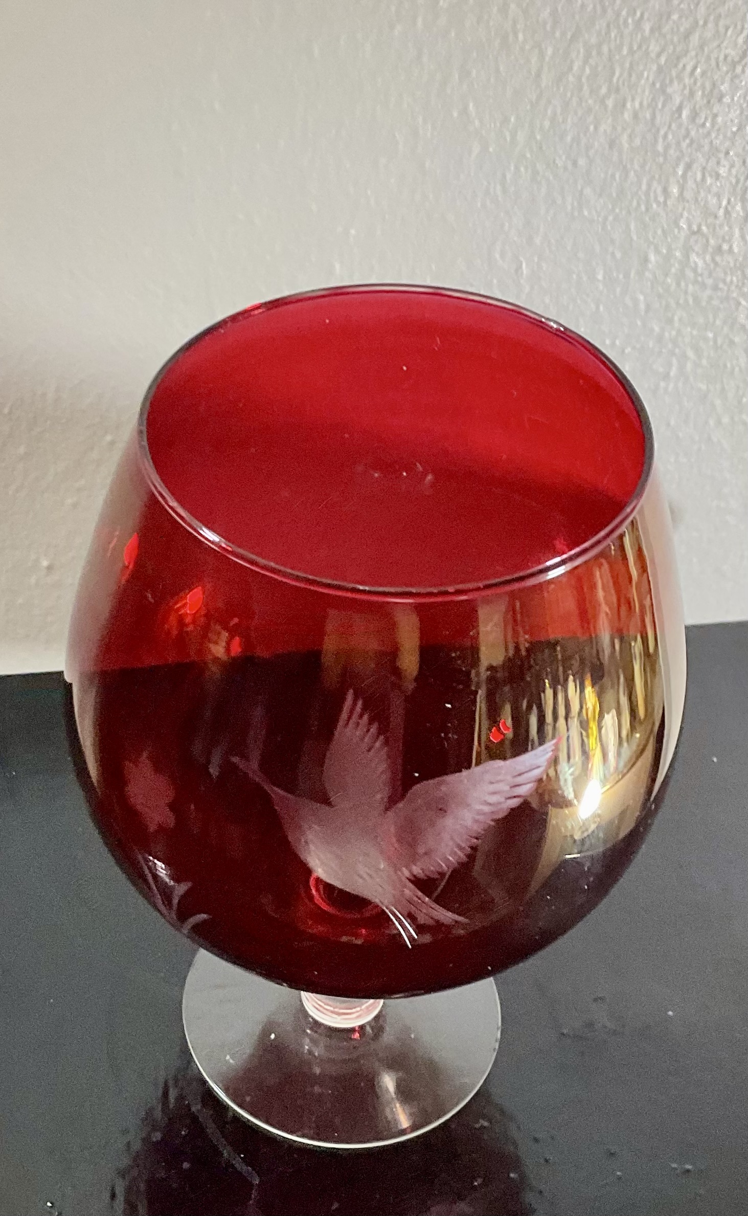 1950s Etched Cranberry Brandy Snifter