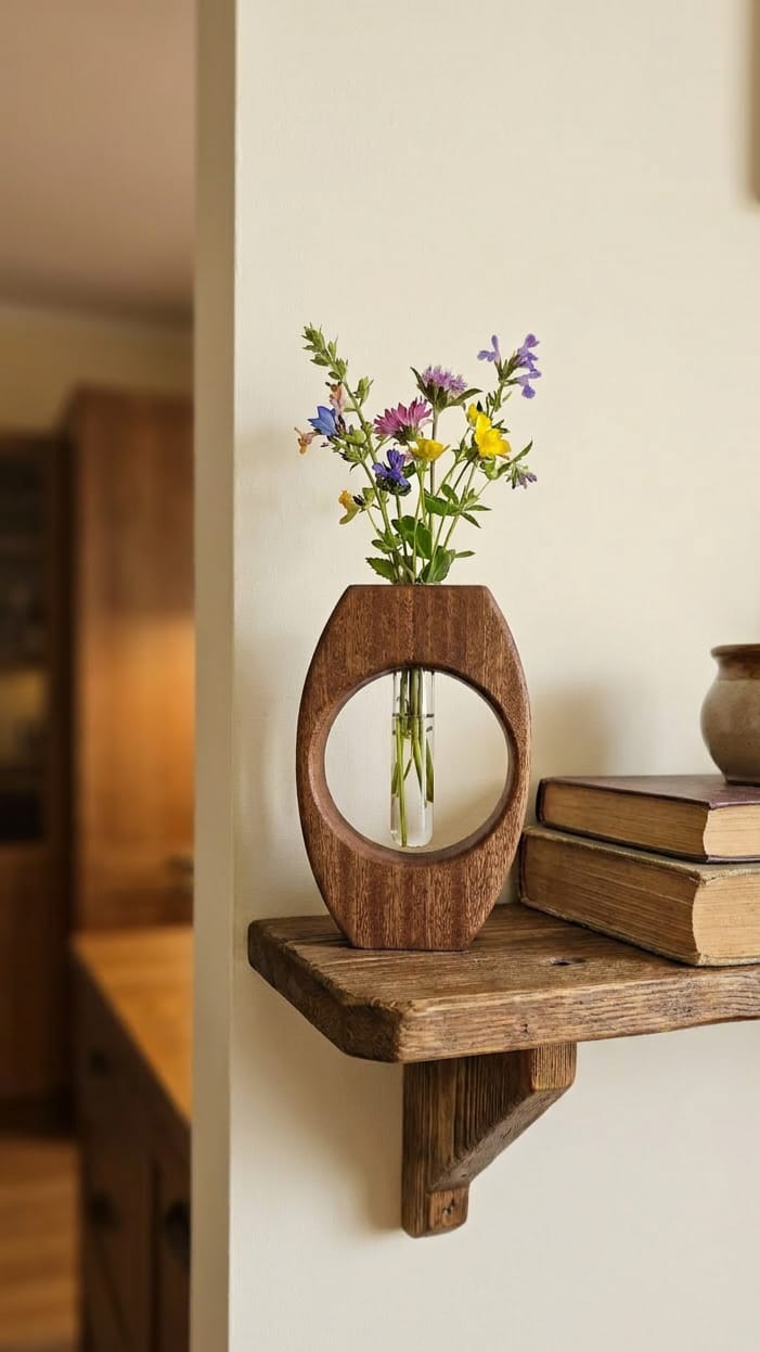 Meranti Wooden Vase | Handmade Wooden Bud Vase | Rustic Flower Vase with Glass Tube | Solid Wood Home Decor | Minimalist Vase