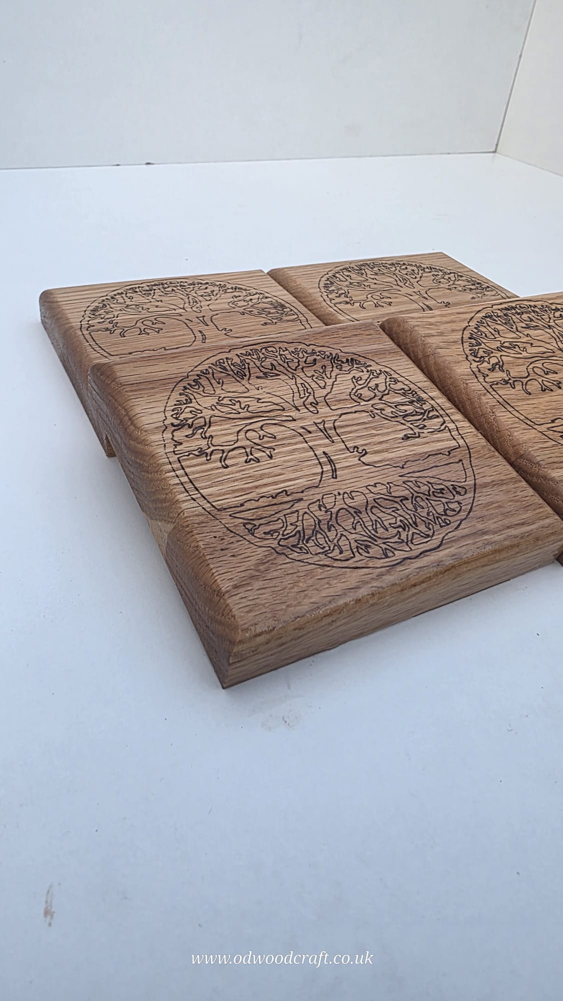 Set of 4 Engraved Oak Coasters – Tree of Life Design – Solid Wood Drinks Coasters – Handmade – 10x10cm