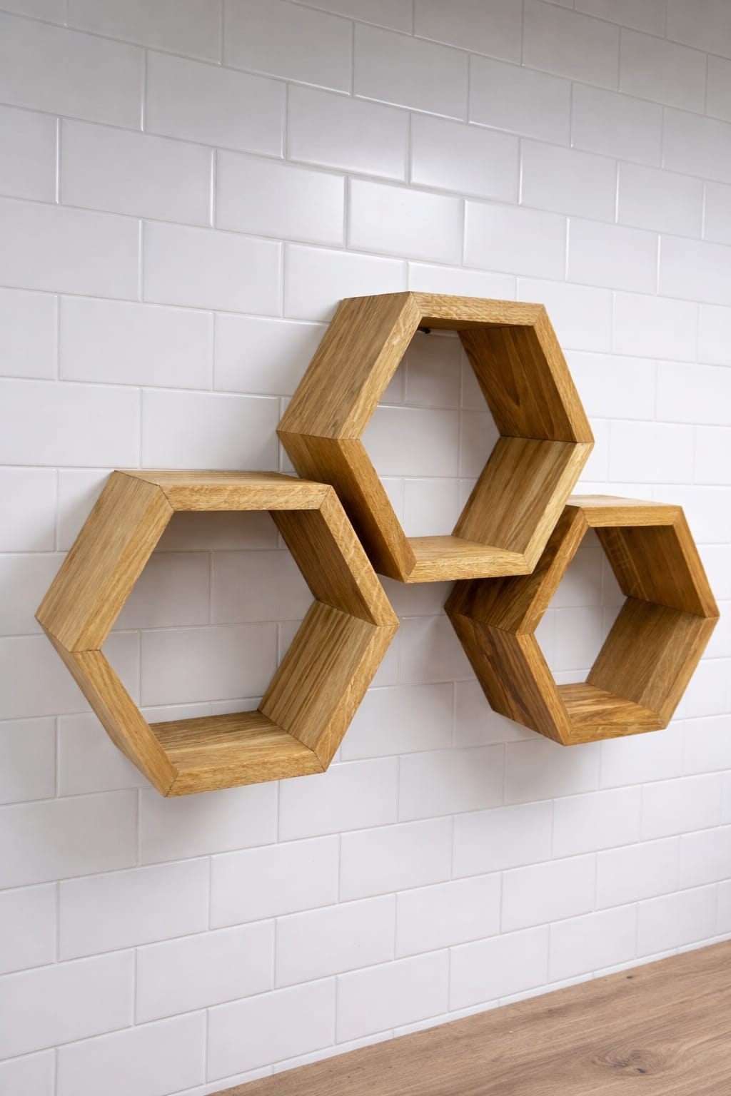 Oak Hexagon Wall Shelves Set of 3 | Floating Wooden Honeycomb Shelves 