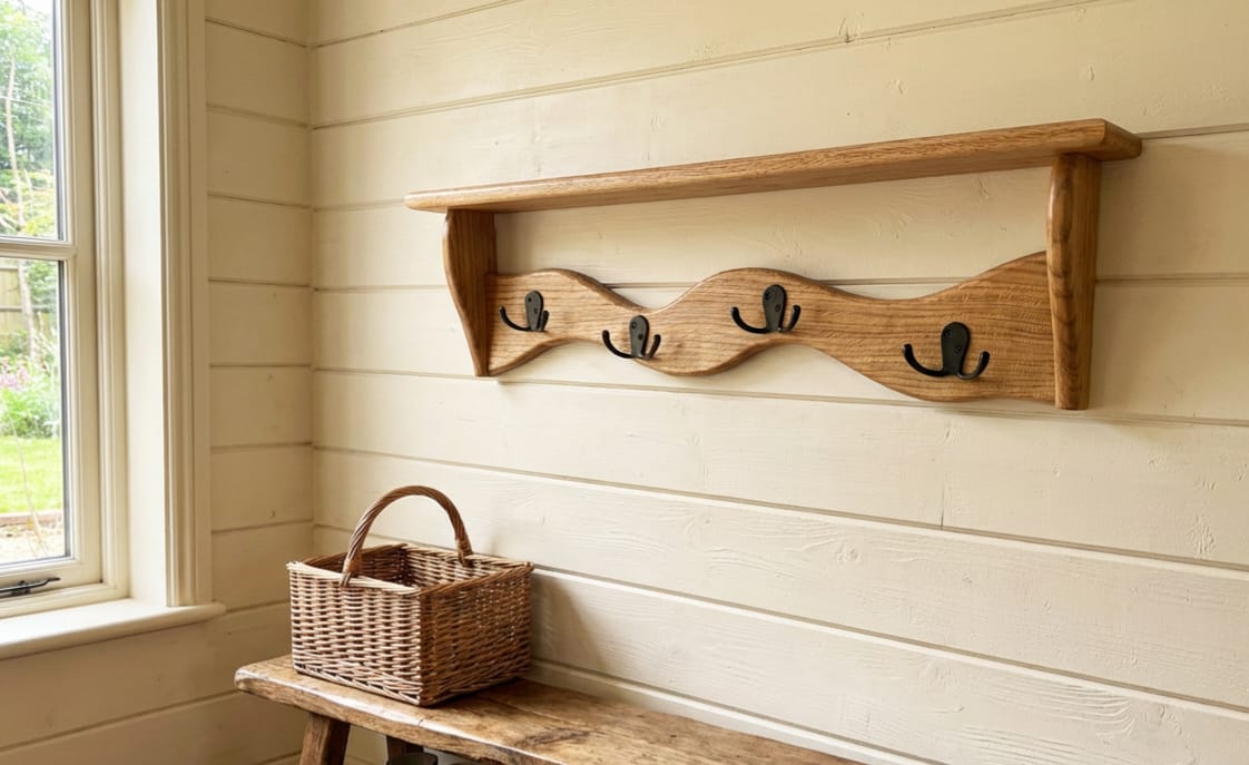 Solid Oak Coat Rack Shelf | Rustic Wall Mounted Coat Hanger | Handmade Entryway Organizer
