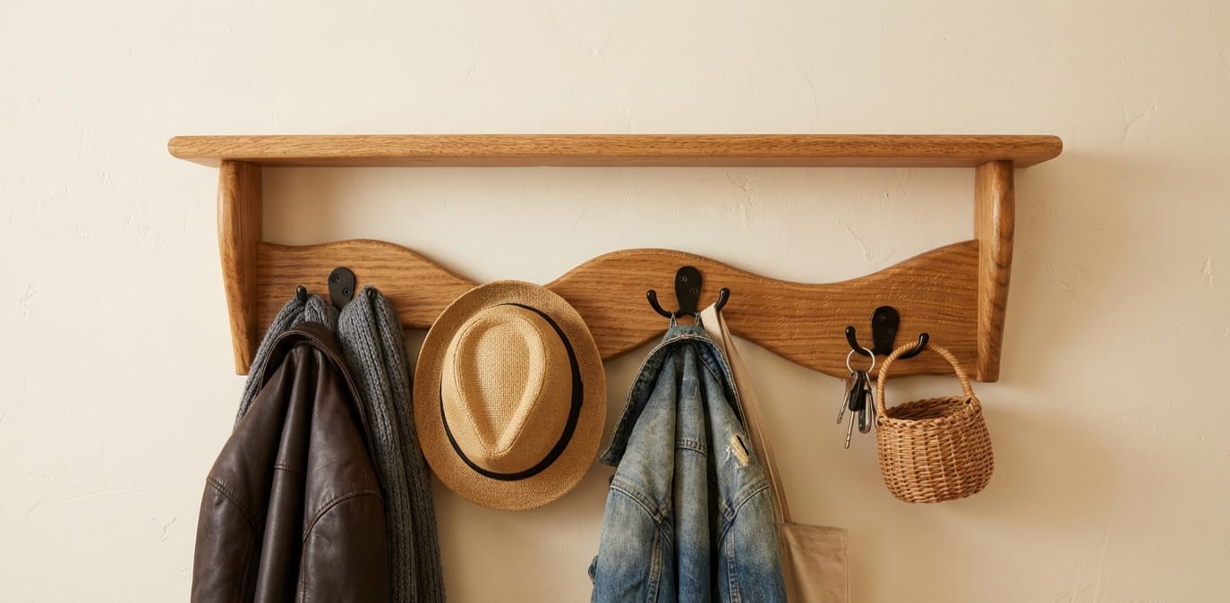 Solid Oak Coat Rack Shelf | Rustic Wall Mounted Coat Hanger | Handmade Entryway Organizer