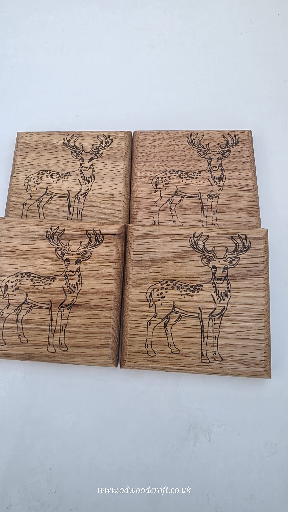 Set of 4 Engraved Oak Coasters – Stag Design (Full Body) – Solid Wood Drinks Coasters – Handmade – 10x10cm
