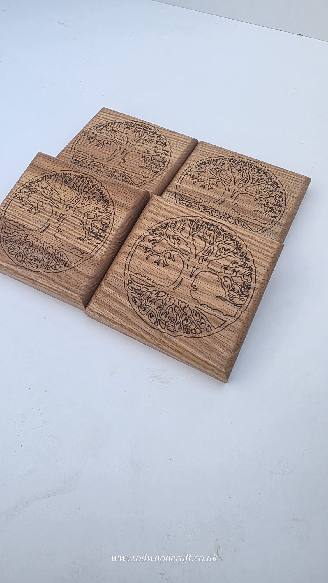 Set of 4 Engraved Oak Coasters – Tree of Life Design – Solid Wood Drinks Coasters – Handmade – 10x10cm