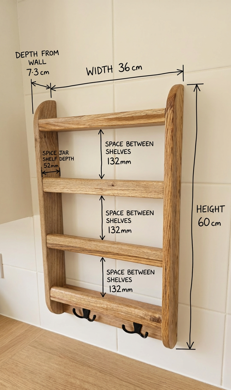 Solid Oak Wall Spice Rack with Hooks | Rustic Kitchen Herb Organizer