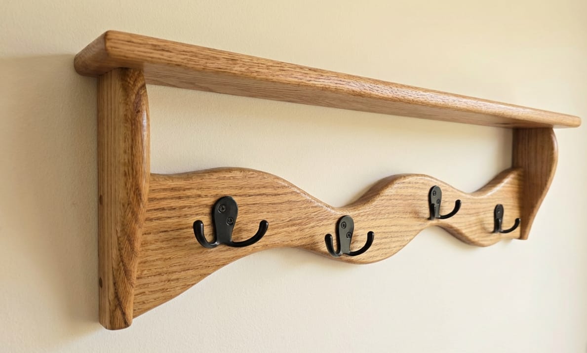 Solid Oak Coat Rack Shelf | Rustic Wall Mounted Coat Hanger | Handmade Entryway Organizer