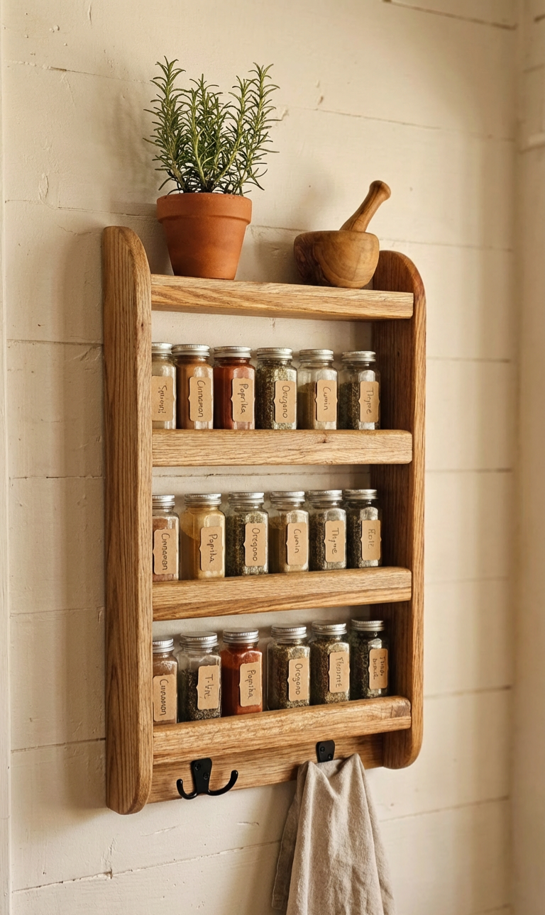 Solid Oak Wall Spice Rack with Hooks | Rustic Kitchen Herb Organizer