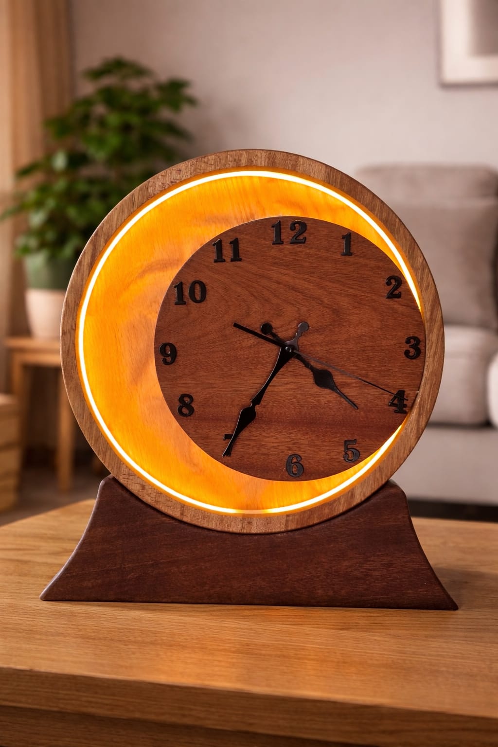 Eclipse Wooden LED Clock Lamp – Oak & Sapele | Modern Ambient Light