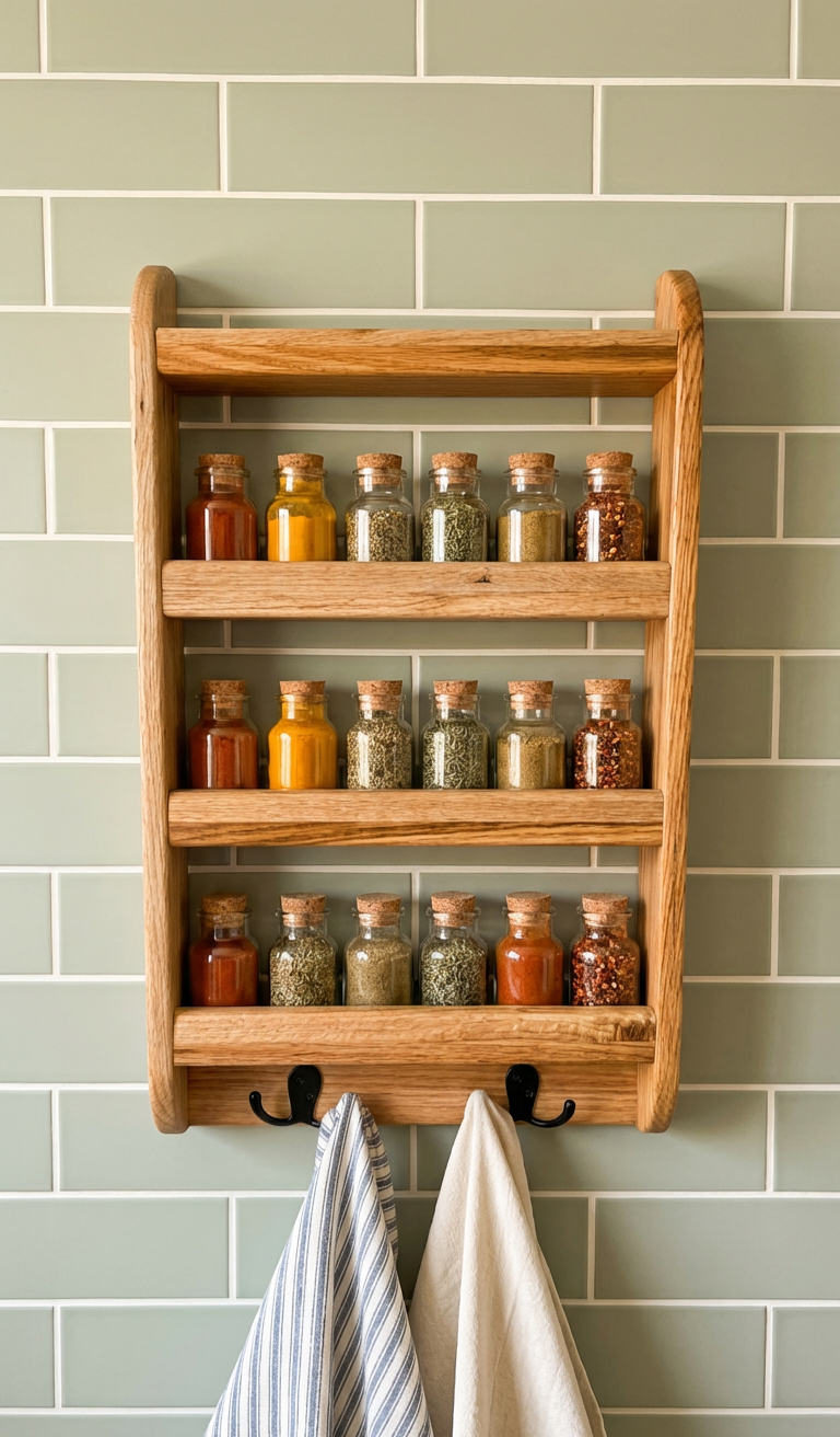 Solid Oak Wall Spice Rack with Hooks | Rustic Kitchen Herb Organizer