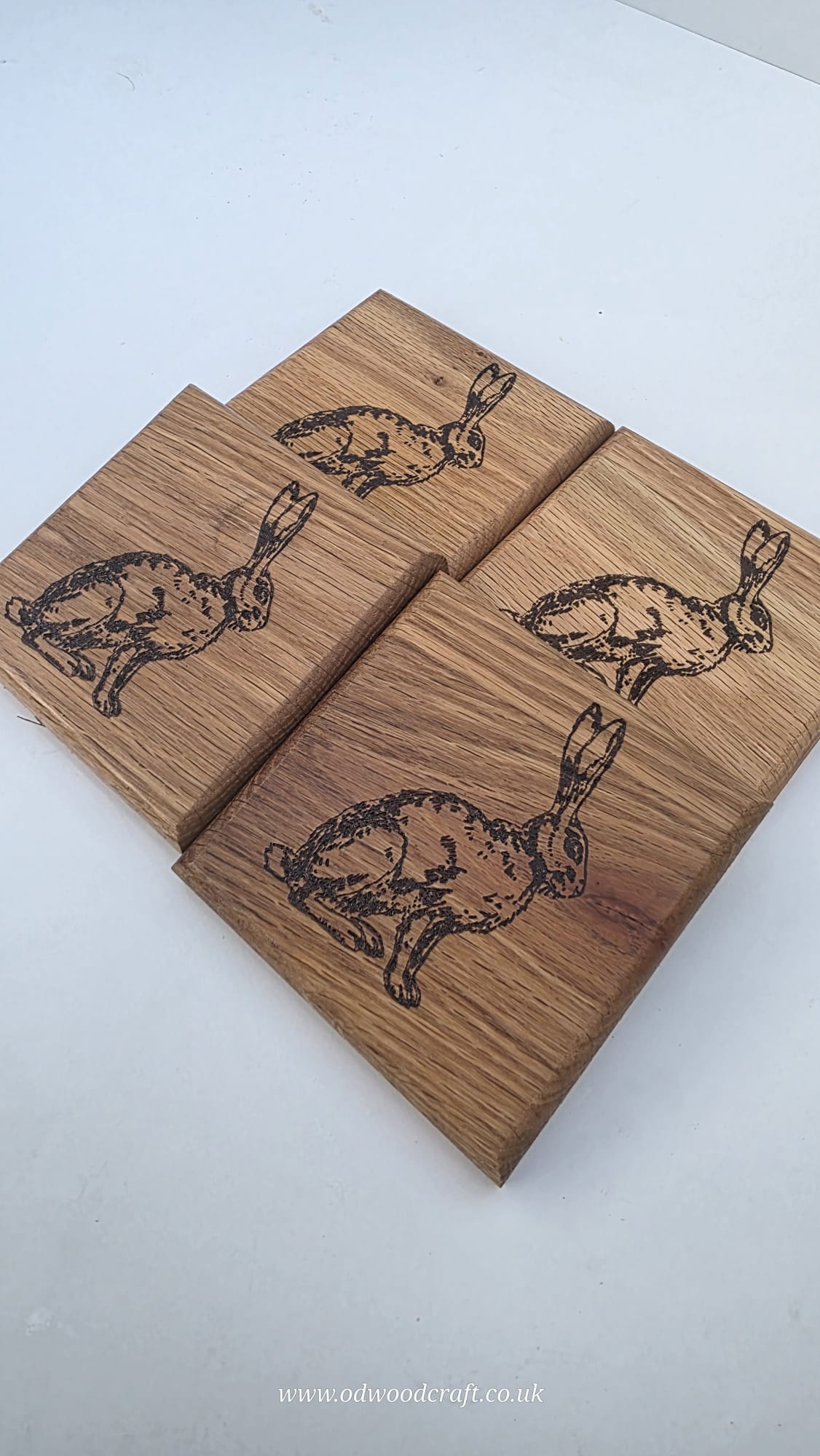 Set of 4 Engraved Oak Coasters – Rabbit Design – Solid Wood Drinks Coasters – Handmade – 10x10cm