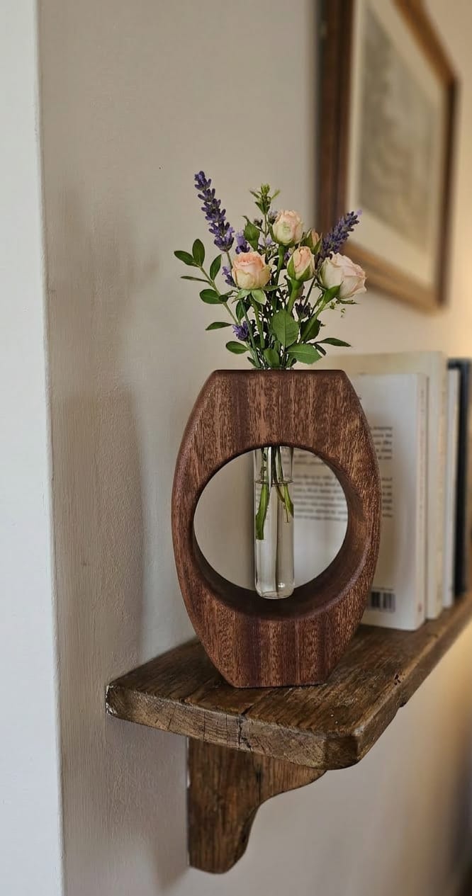 Meranti Wooden Vase | Handmade Wooden Bud Vase | Rustic Flower Vase with Glass Tube | Solid Wood Home Decor | Minimalist Vase