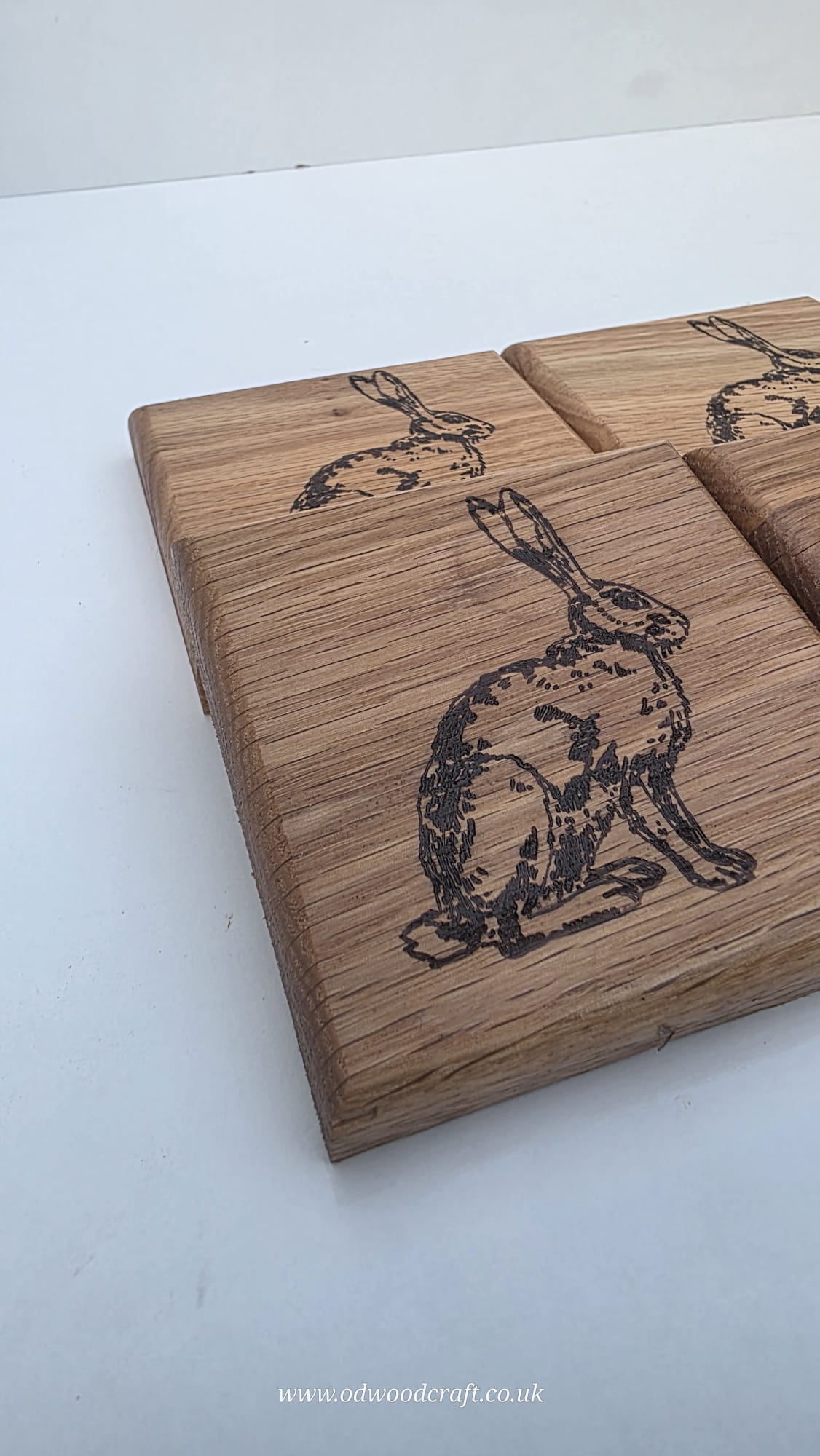 Set of 4 Engraved Oak Coasters – Rabbit Design – Solid Wood Drinks Coasters – Handmade – 10x10cm