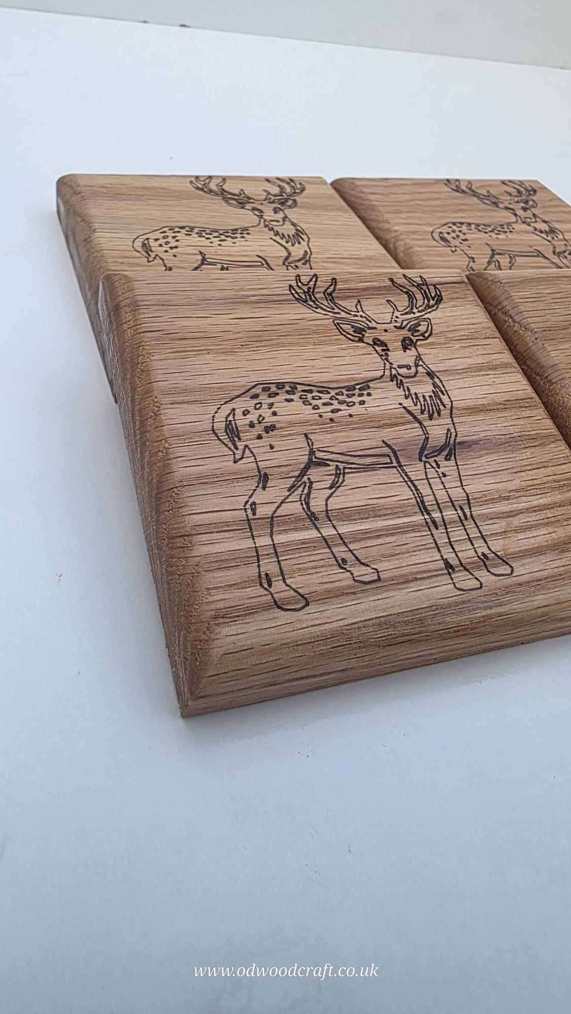 Set of 4 Engraved Oak Coasters – Stag Design (Full Body) – Solid Wood Drinks Coasters – Handmade – 10x10cm