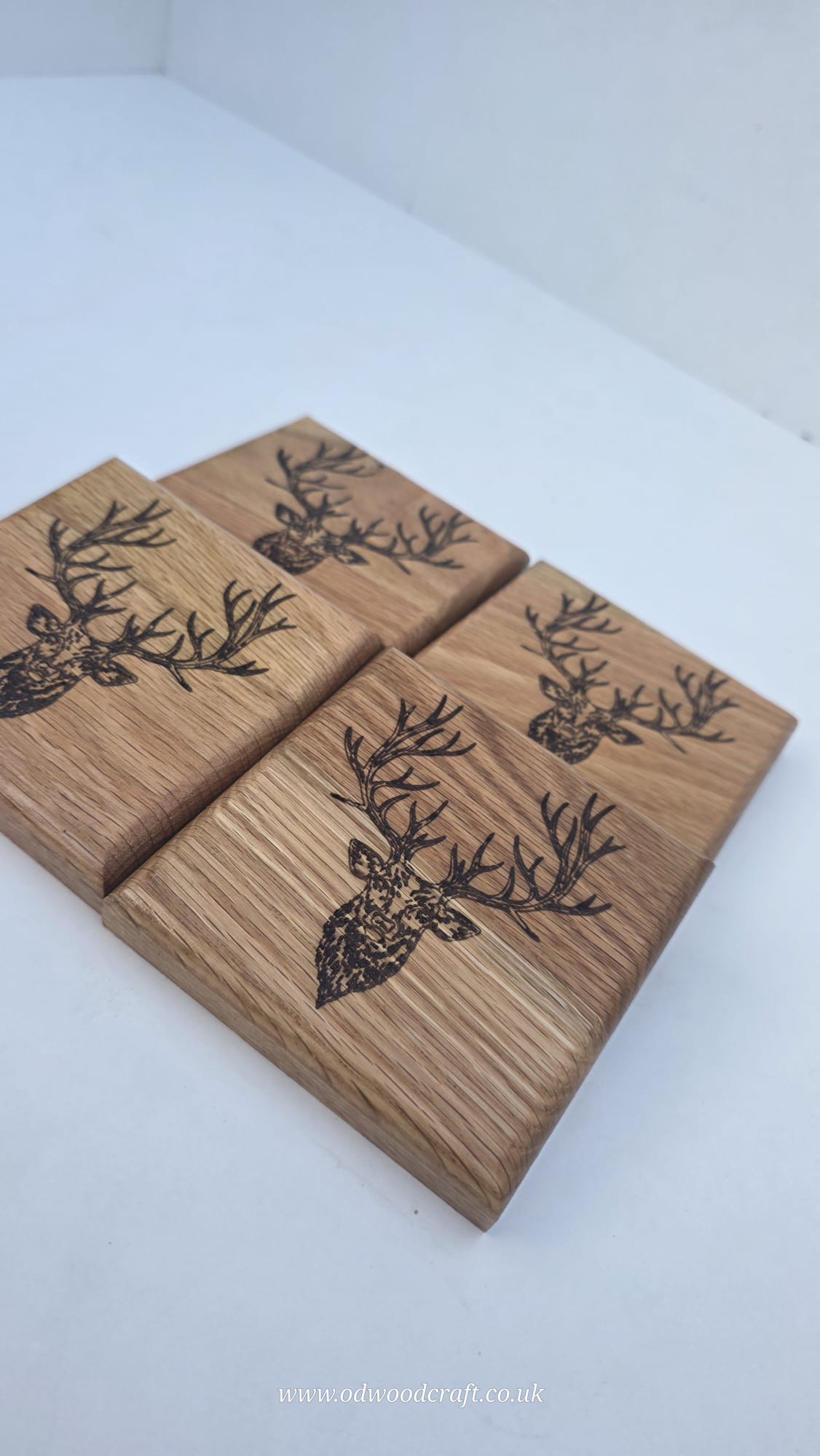 Set of 4 Engraved Oak Coasters – Stag Design – Solid Wood Drinks Coasters – Handmade – 10x10cm