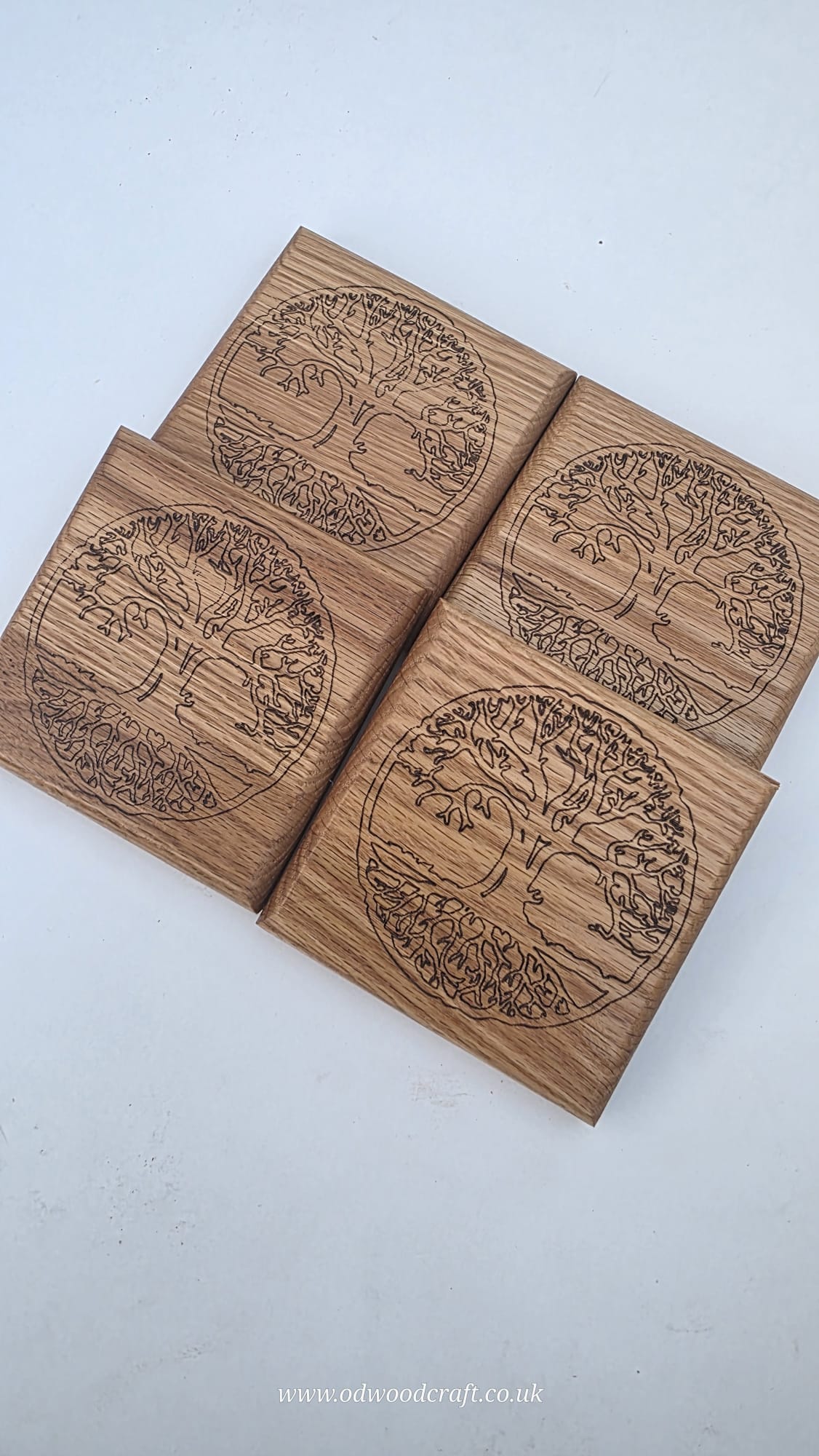 Set of 4 Engraved Oak Coasters – Tree of Life Design – Solid Wood Drinks Coasters – Handmade – 10x10cm