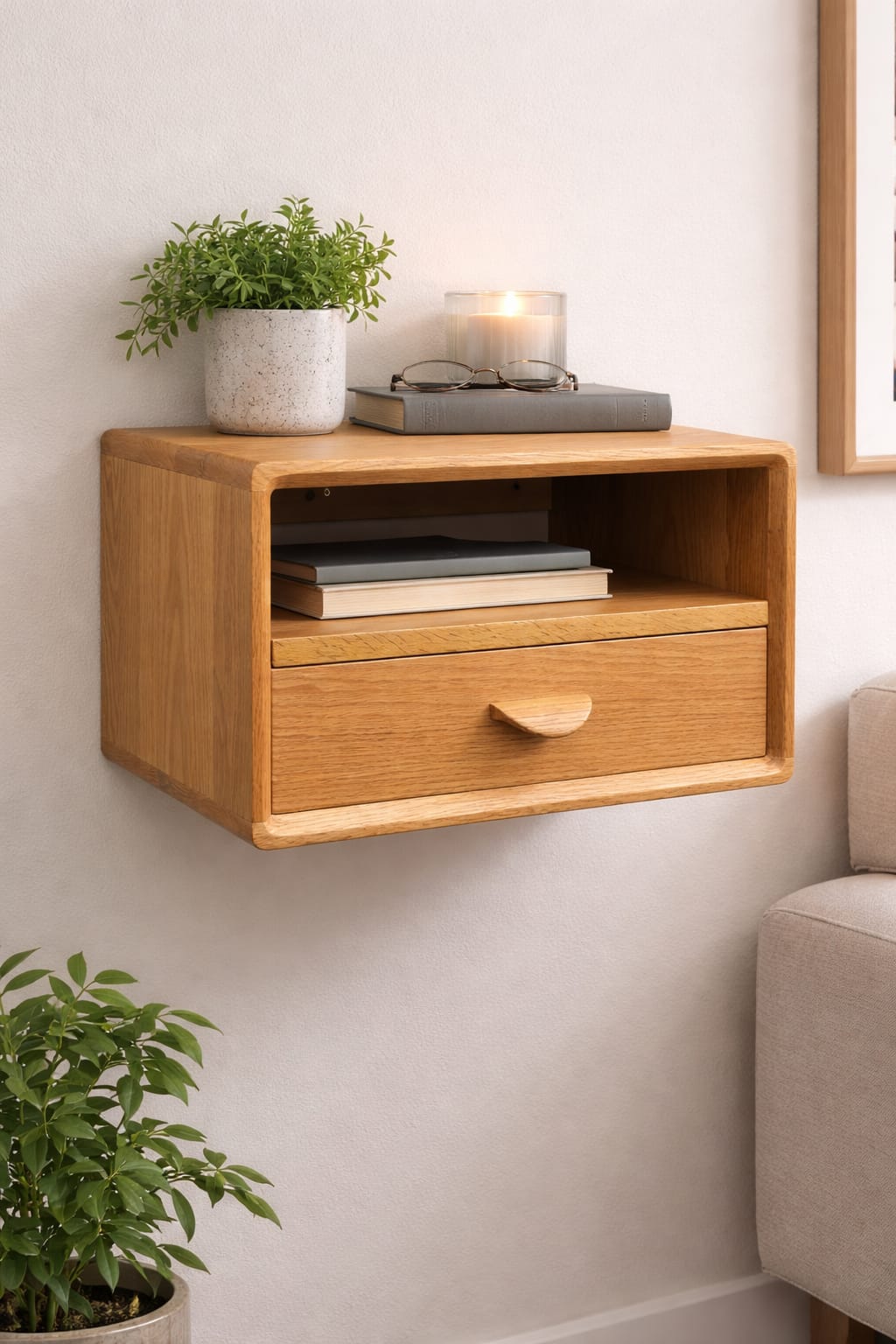Floating Oak Nightstand | Wall Mounted Bedside Table | Solid Oak Shelf with Drawer