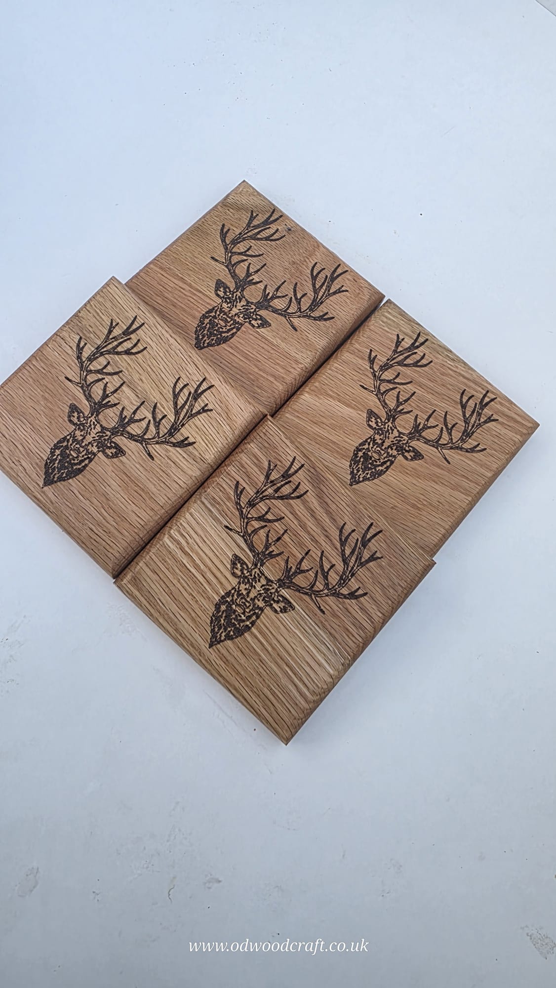 Set of 4 Engraved Oak Coasters – Stag Design – Solid Wood Drinks Coasters – Handmade – 10x10cm