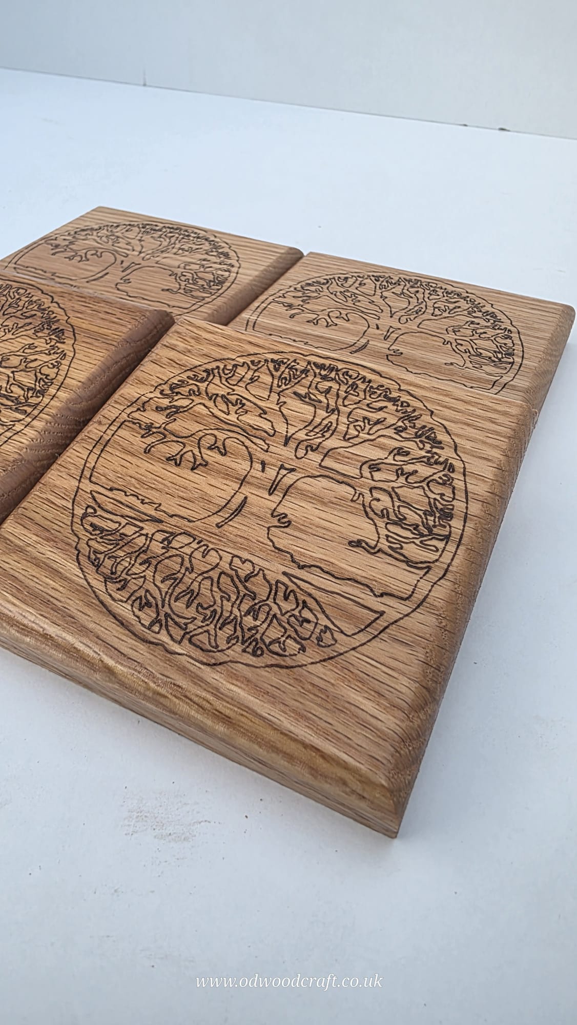 Set of 4 Engraved Oak Coasters – Tree of Life Design – Solid Wood Drinks Coasters – Handmade – 10x10cm