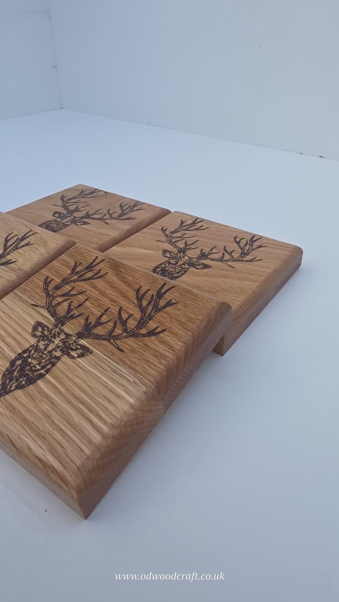Set of 4 Engraved Oak Coasters – Stag Design – Solid Wood Drinks Coasters – Handmade – 10x10cm