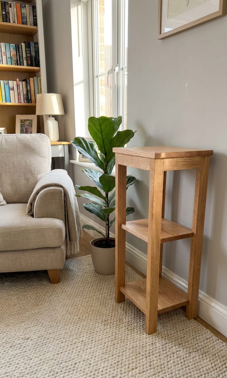 Solid Oak Side Table with Shelves – Handmade Wooden End Table / Bedside Table / Hallway Table
