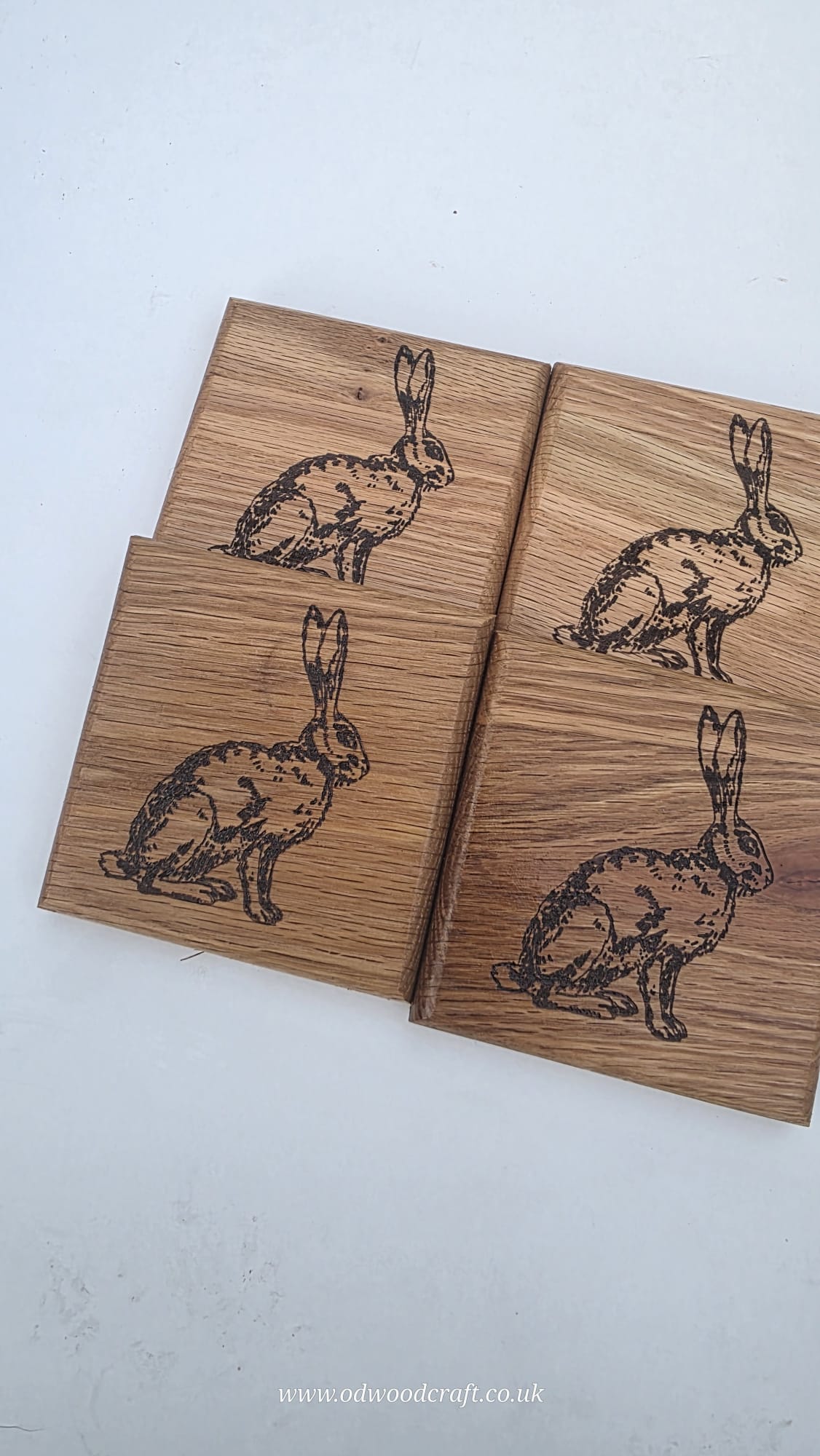 Set of 4 Engraved Oak Coasters – Rabbit Design – Solid Wood Drinks Coasters – Handmade – 10x10cm