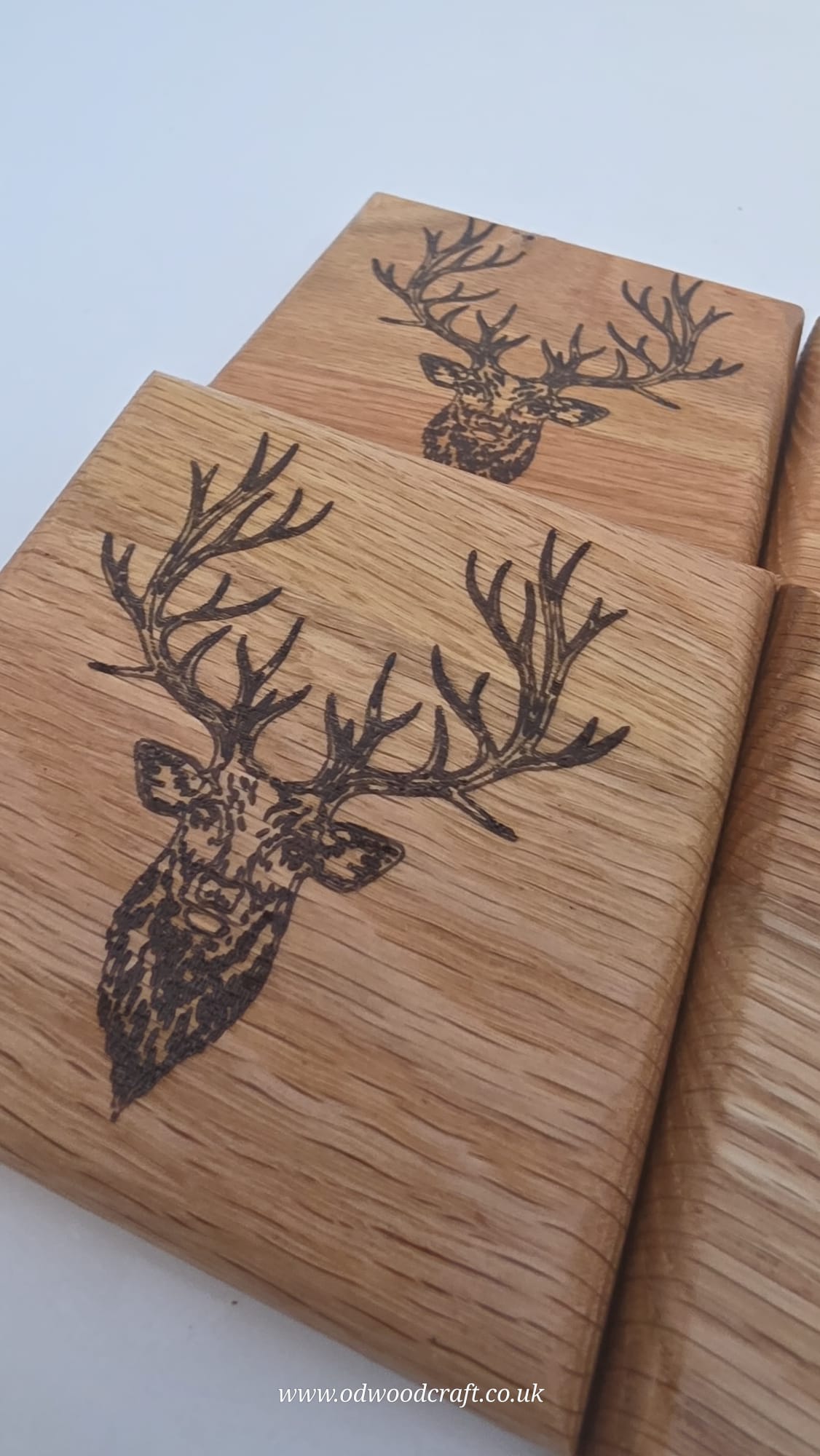 Set of 4 Engraved Oak Coasters – Stag Design – Solid Wood Drinks Coasters – Handmade – 10x10cm