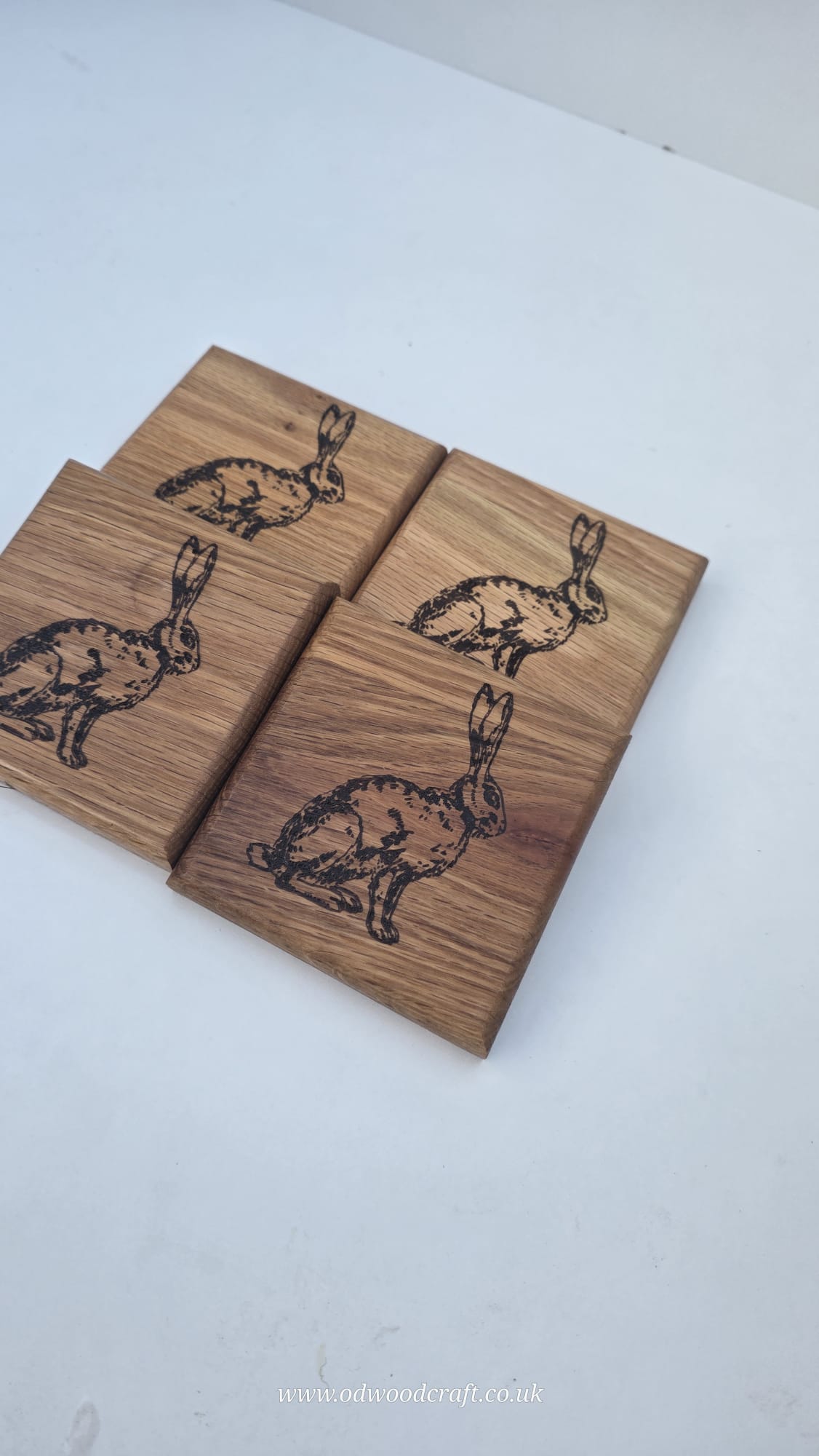 Set of 4 Engraved Oak Coasters – Rabbit Design – Solid Wood Drinks Coasters – Handmade – 10x10cm