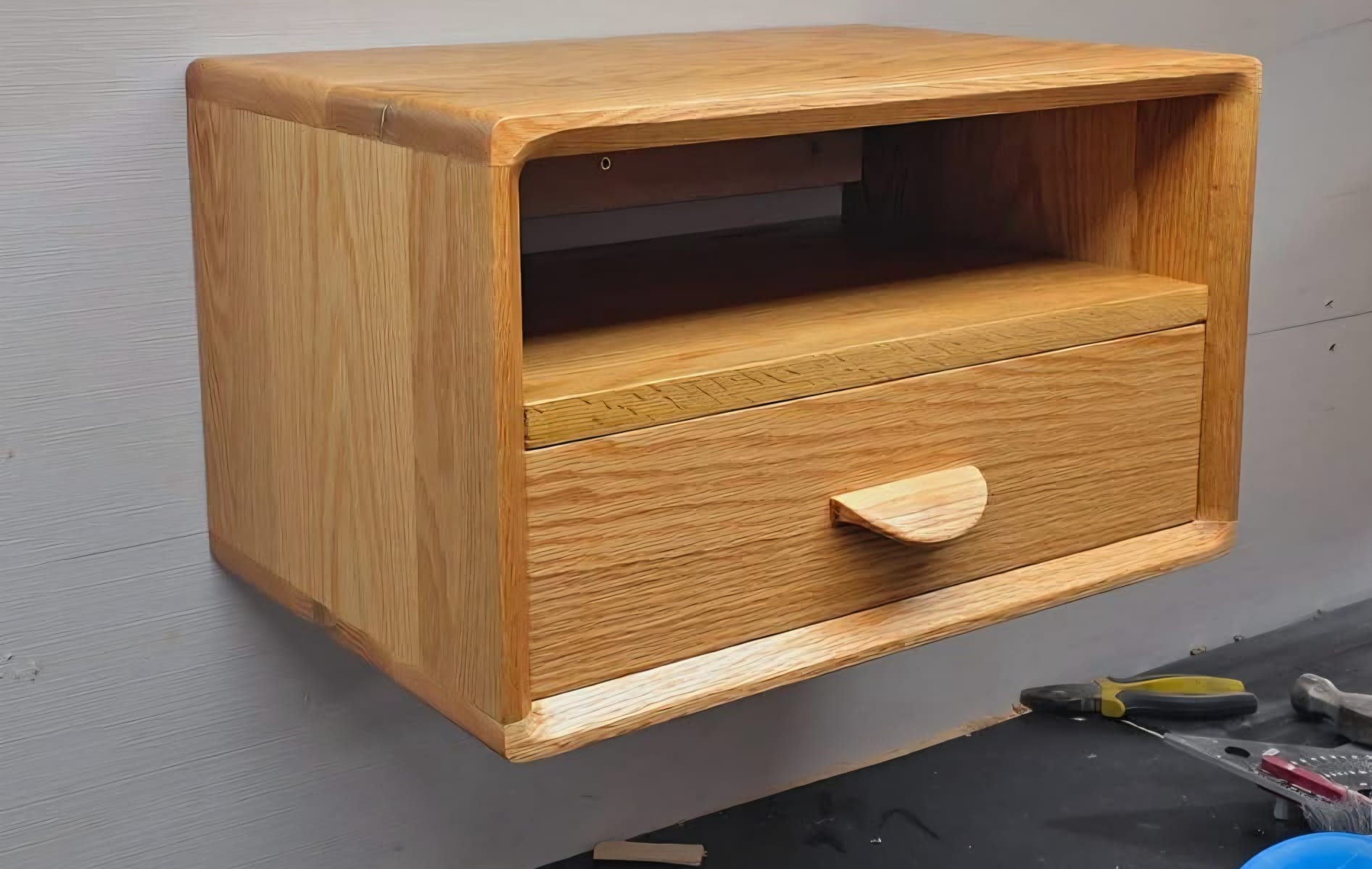 Floating Oak Nightstand | Wall Mounted Bedside Table | Solid Oak Shelf with Drawer