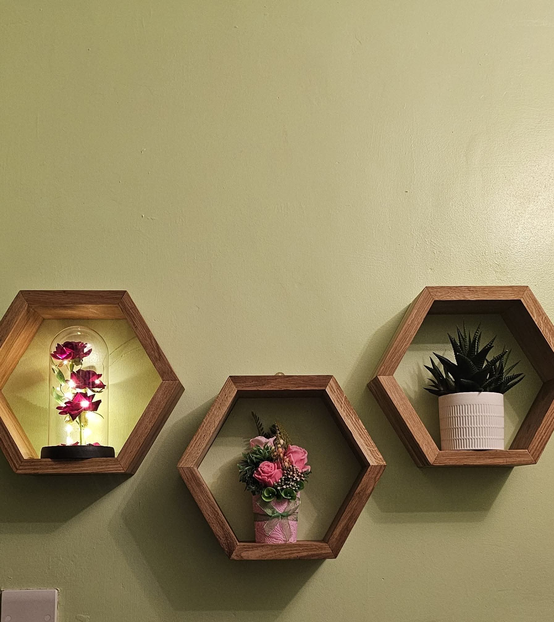 Oak Hexagon Wall Shelves Set of 3 | Floating Wooden Honeycomb Shelves 