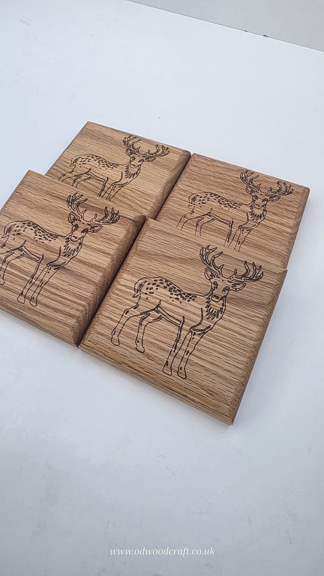 Set of 4 Engraved Oak Coasters – Stag Design (Full Body) – Solid Wood Drinks Coasters – Handmade – 10x10cm