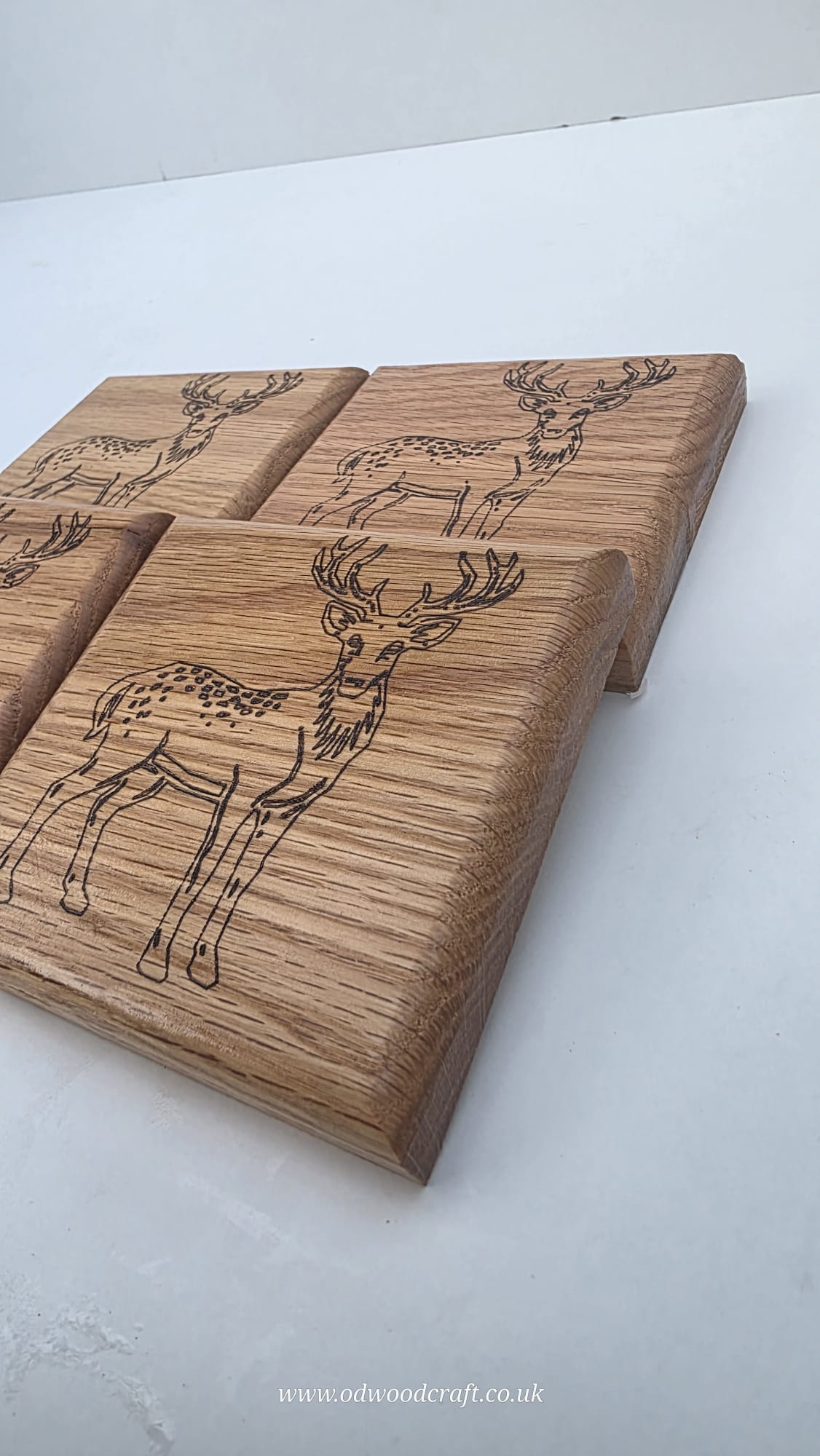Set of 4 Engraved Oak Coasters – Stag Design (Full Body) – Solid Wood Drinks Coasters – Handmade – 10x10cm