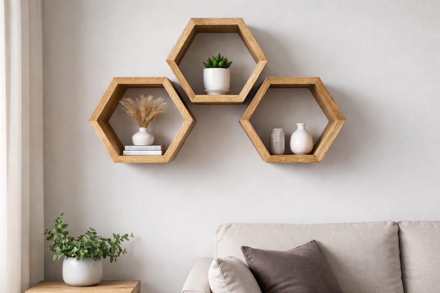 Oak Hexagon Wall Shelves Set of 3 | Floating Wooden Honeycomb Shelves 