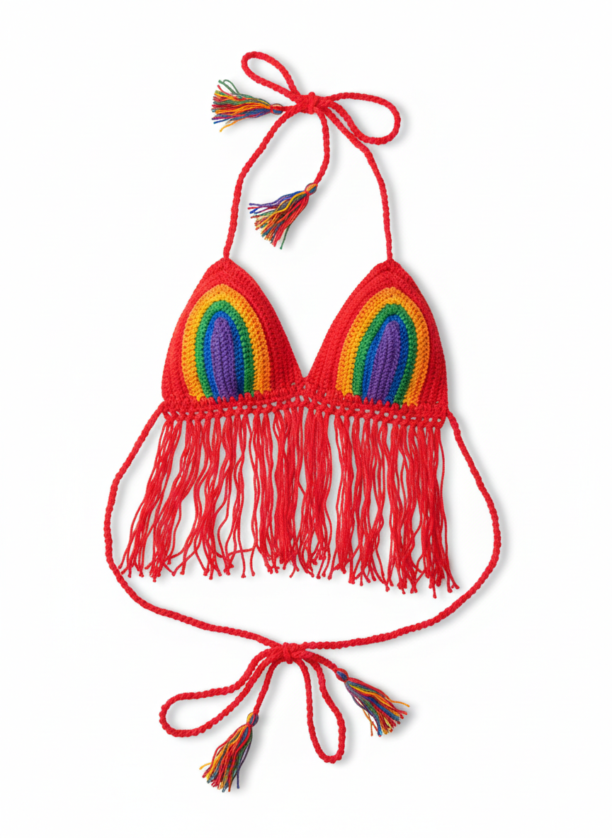 Top de bikini arcoíris tejido con barbas