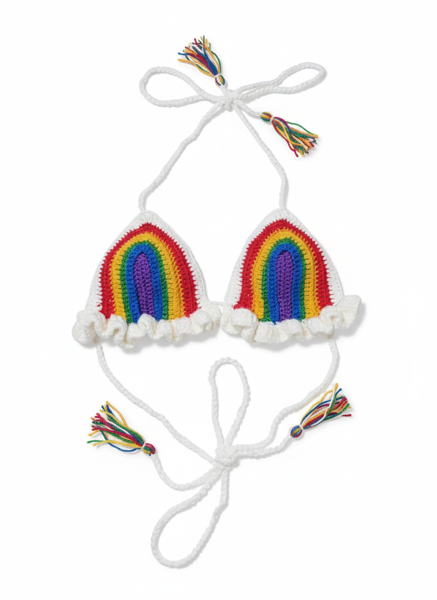 Top de bikini arcoíris con nubes tejido