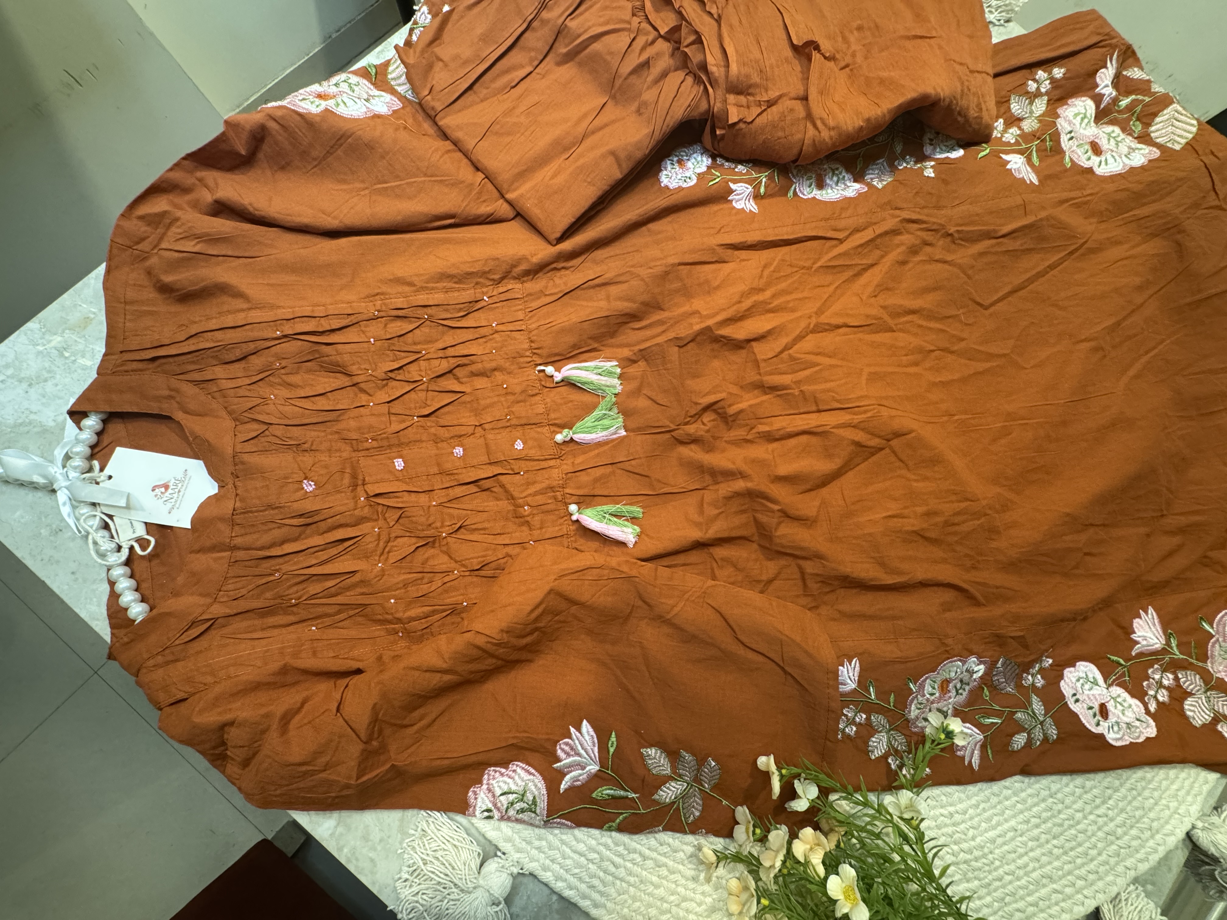 Rust Cotton Embroidered Kurti