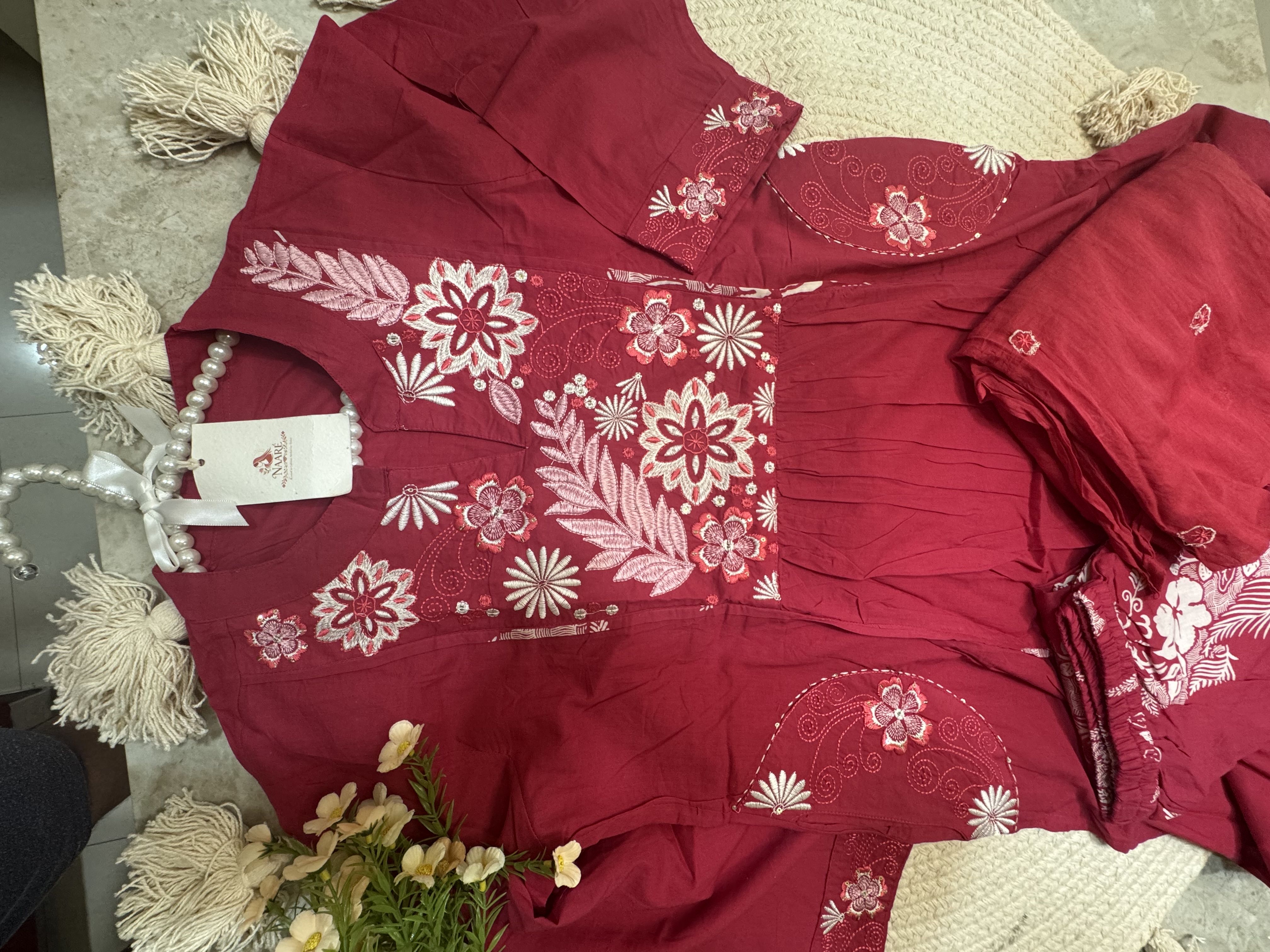 Maroon Floral Embroidered Kurti Set