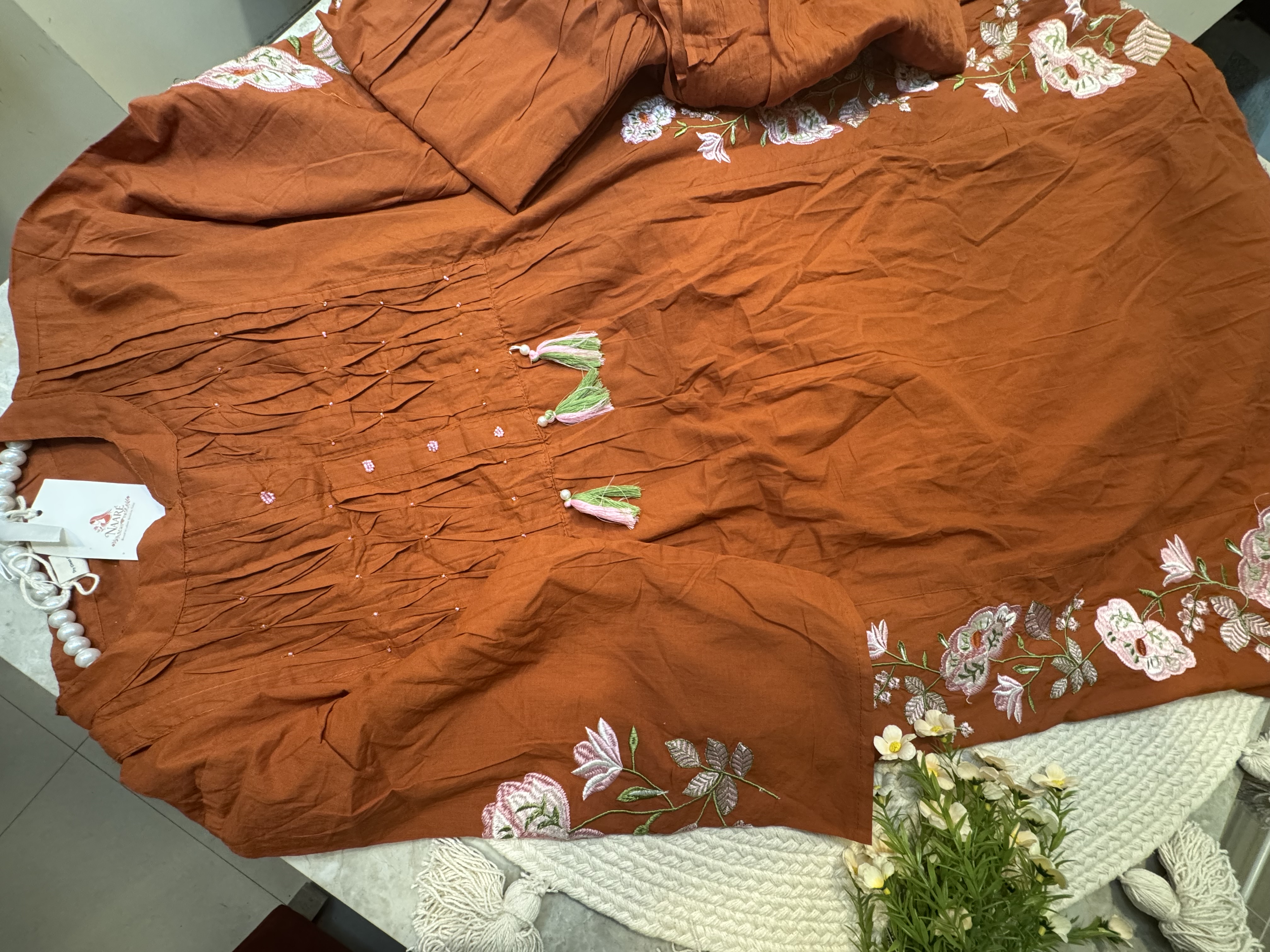 Rust Cotton Embroidered Kurti