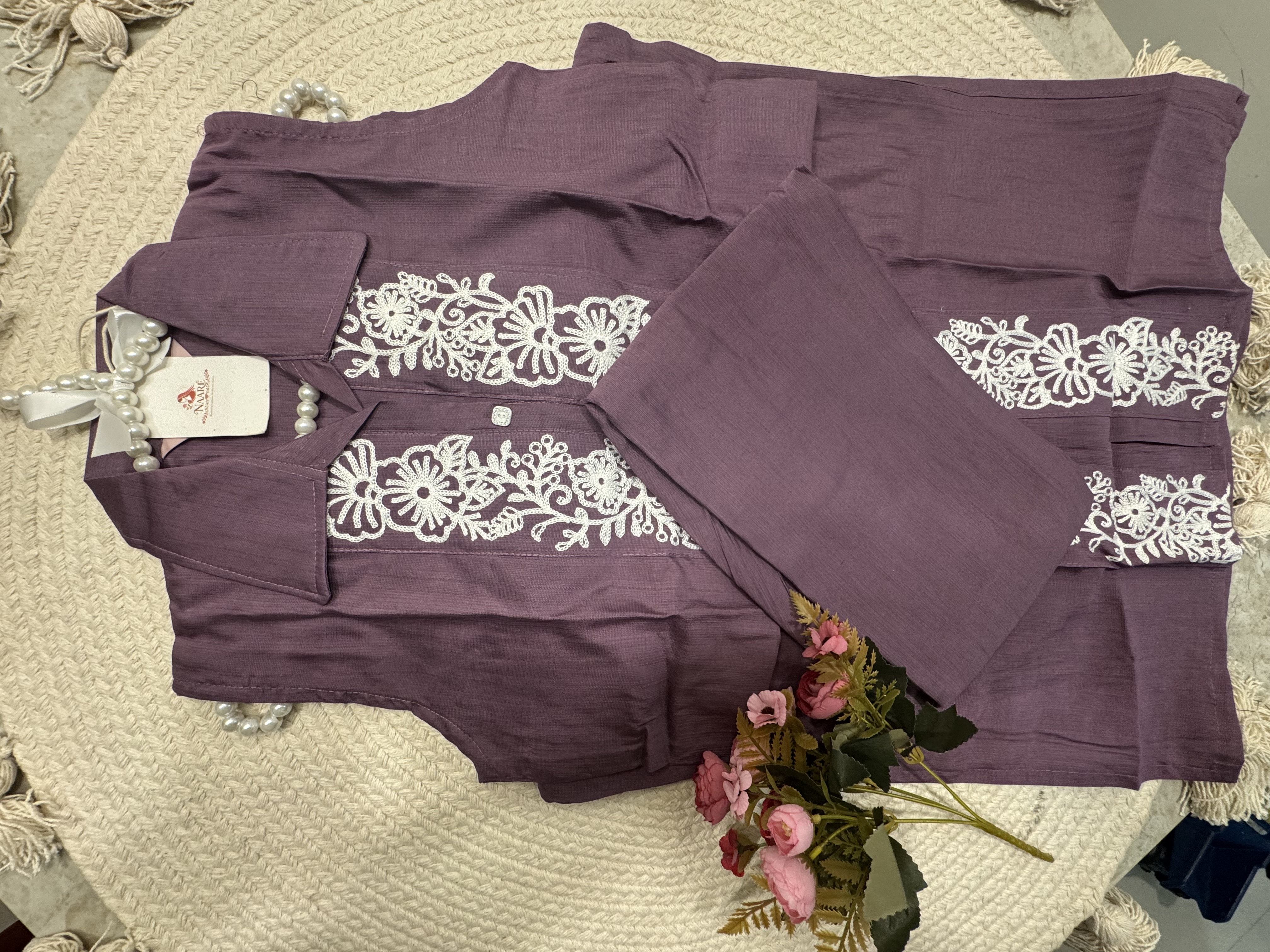 Purple Embroidered Cotton Kurti Set