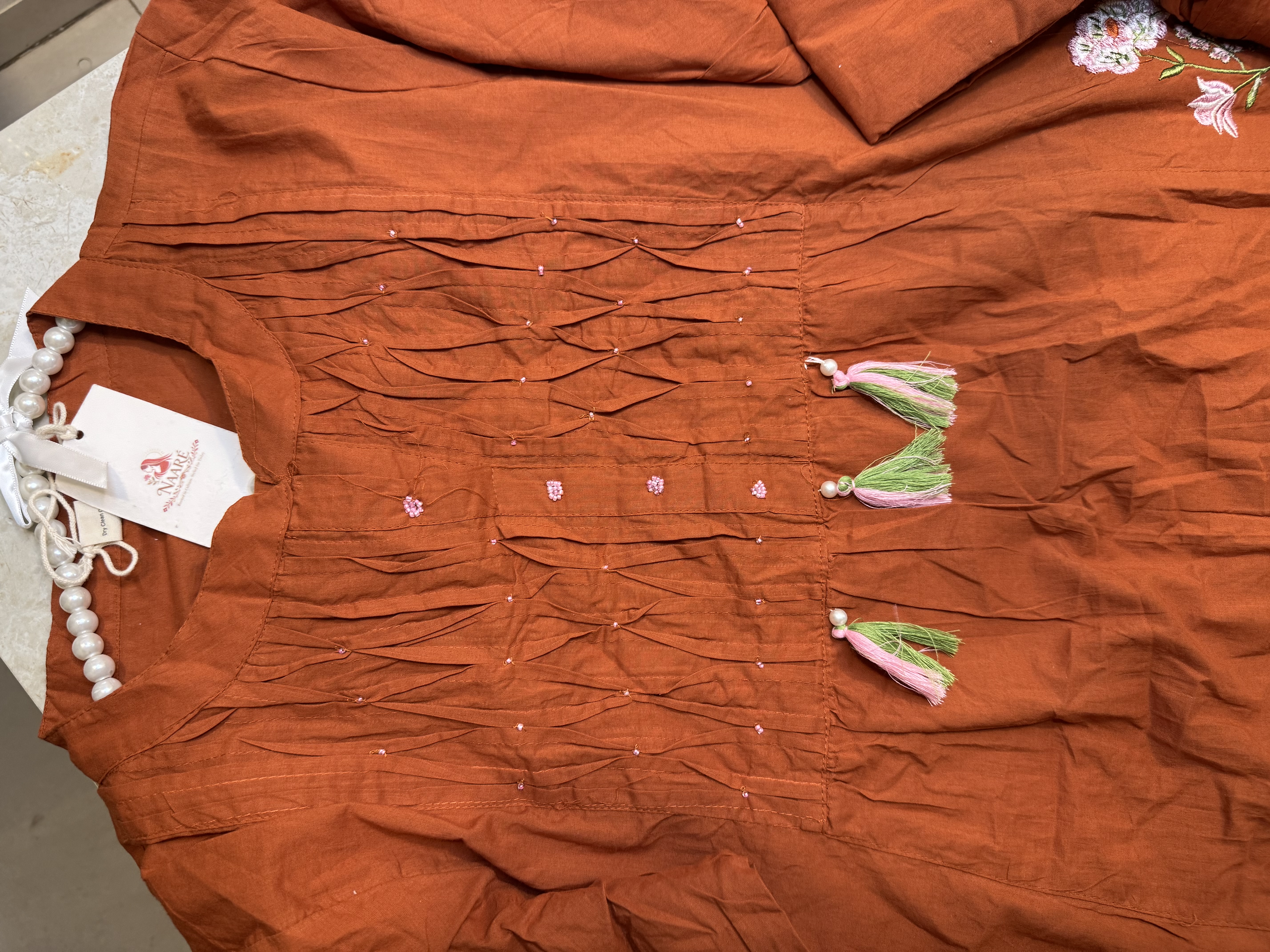 Rust Cotton Embroidered Kurti