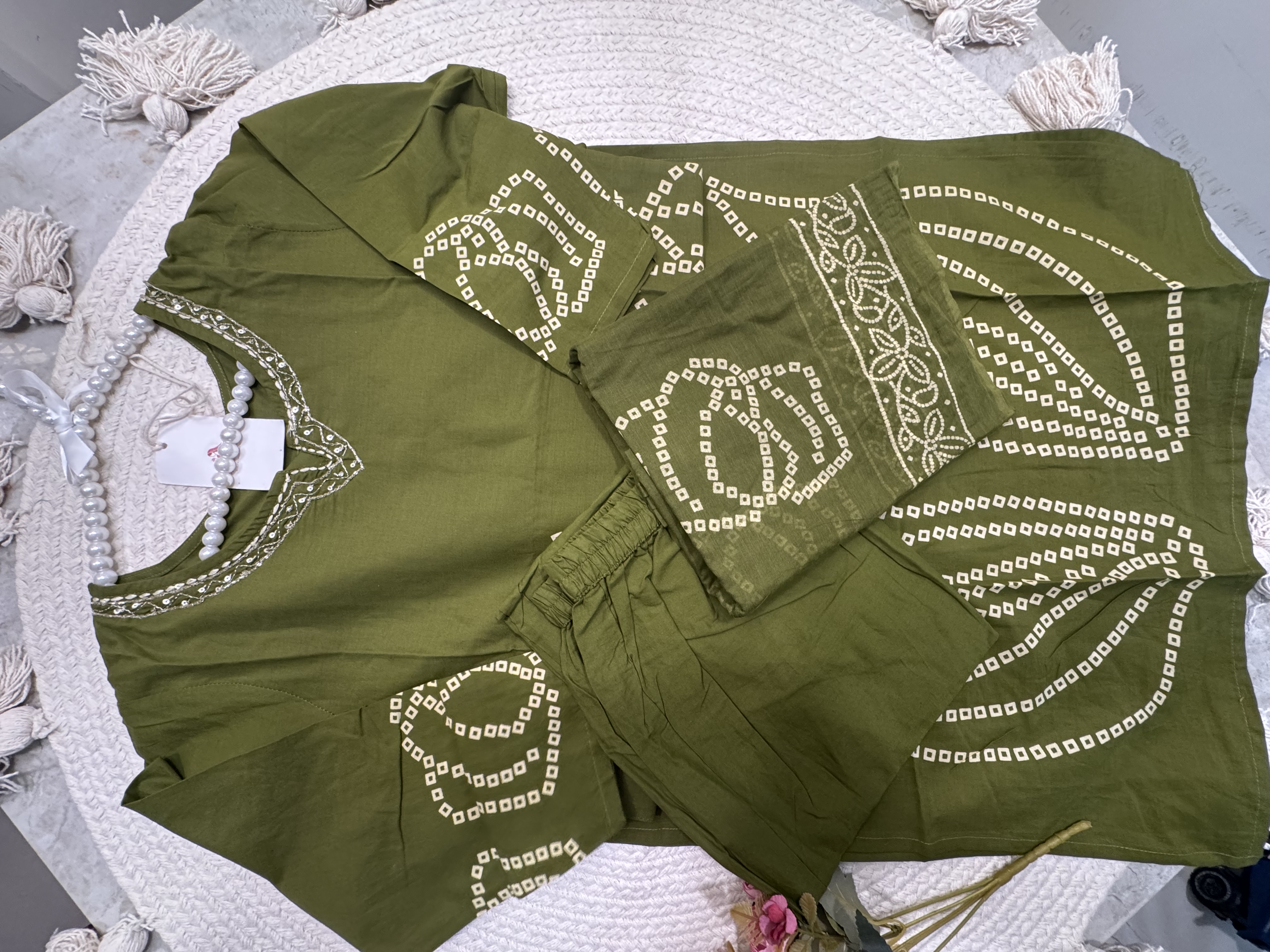 Olive Green Embroidered Cotton Kurta Set
