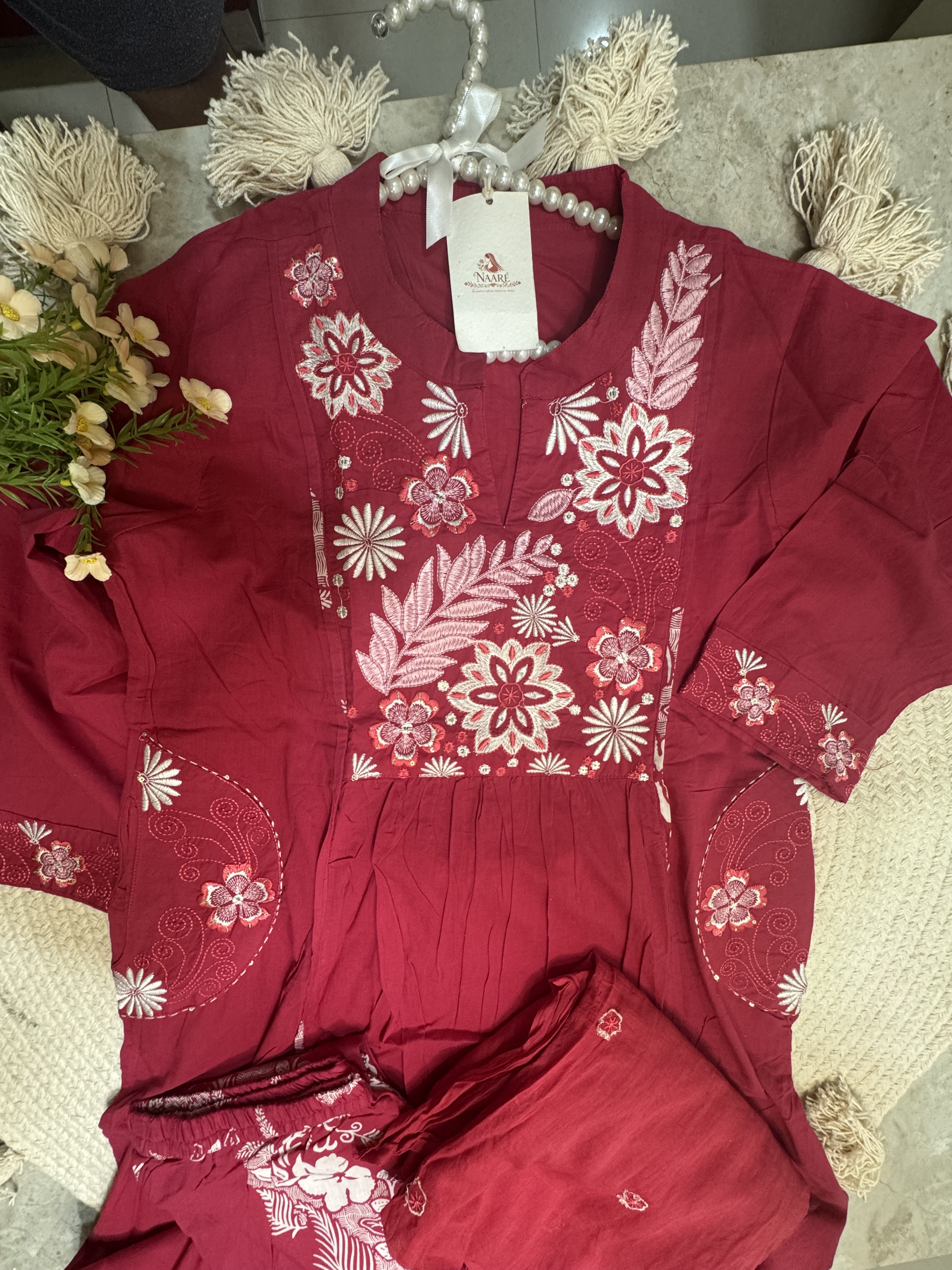Maroon Floral Embroidered Kurti Set