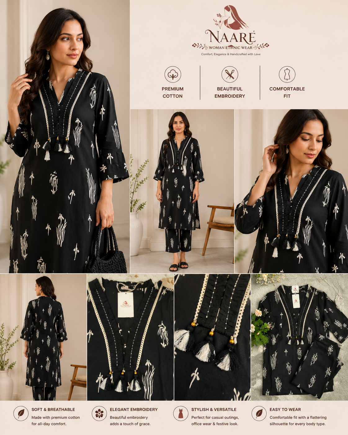 Black Embroidered Cotton Kurta