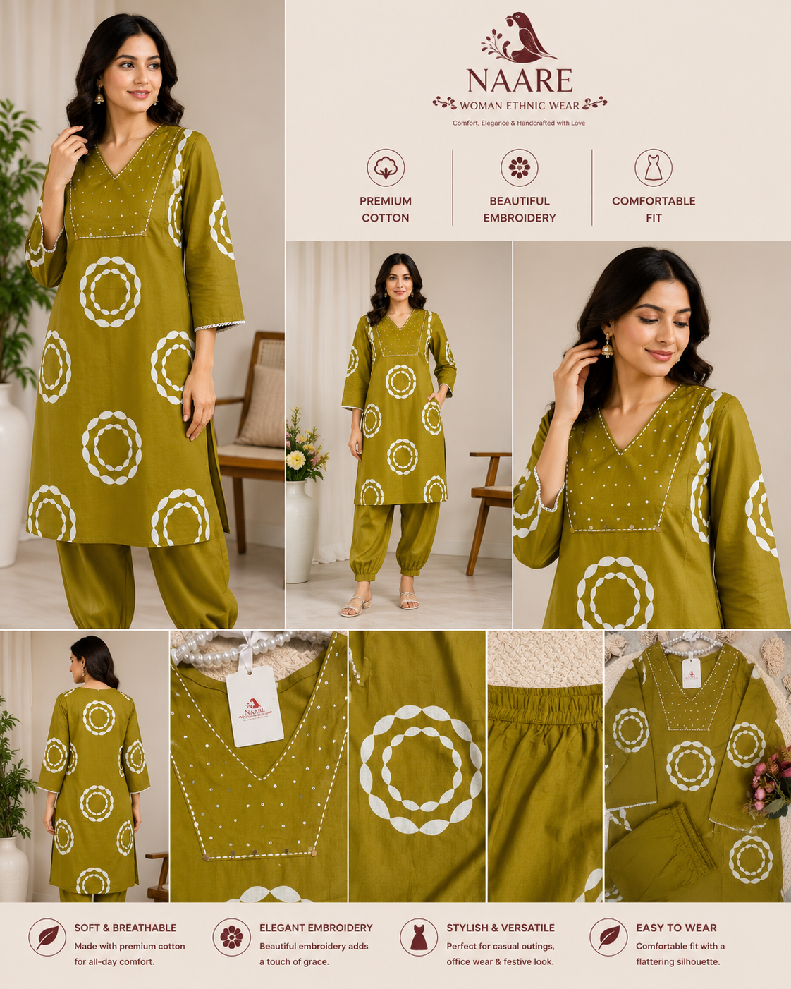 Olive Green Embroidered Kurta Set