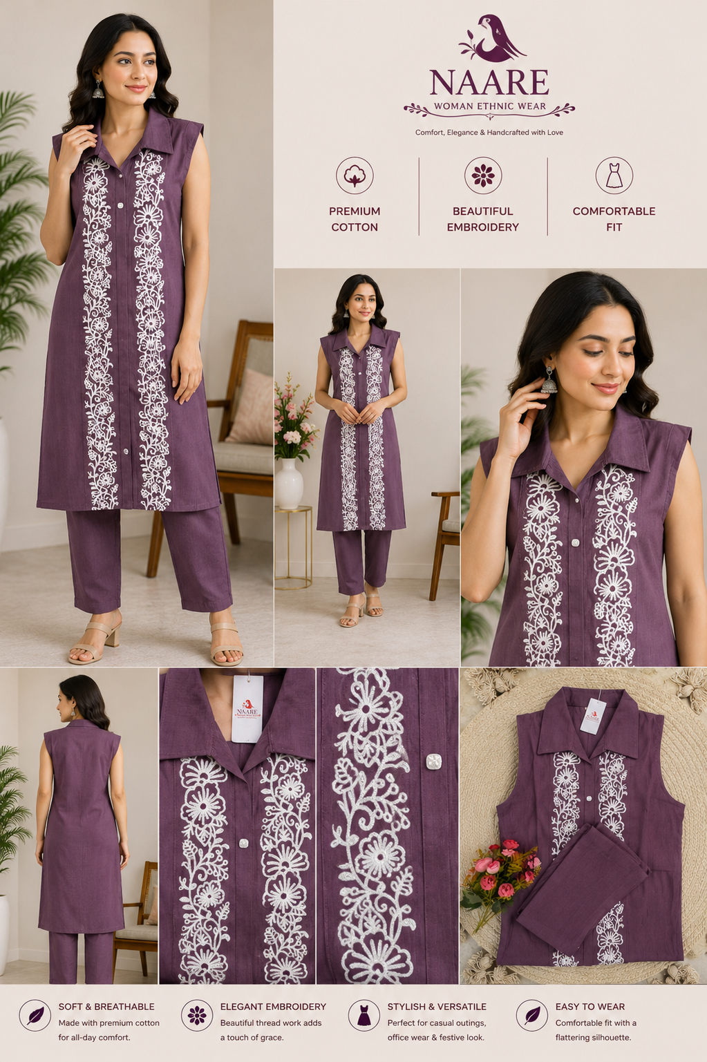 Purple Embroidered Cotton Kurti Set